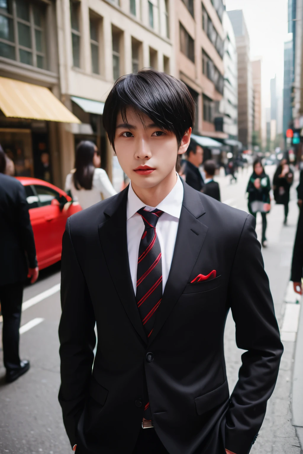 Asian male model on the street,and his wedding car,cool red car,SLR in hand,suit and tie