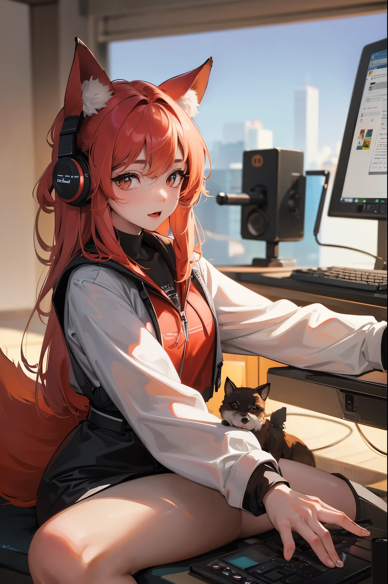 "A Q-version of a cute red fox wearing a microphone and headphones sitting in front of the computer in the office. High-definition image of cute customer service., Using advanced macro photography technology、Highlight the intricate details of your dog’s fur, Erect ears, expressive eyes. Create an intimacy between the viewer and the dog subject. Use a wide aperture to get a shallow depth of field, Make the dog stand out clearly against a slightly blurred background. improved lighting、Emphasis on the texture and contours of the fox&#39;s body, Using the Software, Remove thick shadows、, atmosphere. Capture the dog in a relaxed pose, but balance, Show your flexibility and elegance. Try to capture moments of natural movement, StrETChing, Manner and behavior, ETC., convey a sense of reality. Implement post-processing techniques to improve image clarity, Compared, and color balance, Ensure safety in all aspects, From the dog&#39;s intricate patterns to its intense gaze, Presented in stunning detail. at last, Conveying the gentle beauty and innate elegance of the fox, Capture fleeting moments，Celebrating the unique nature of the fox’s curiosity and balance."