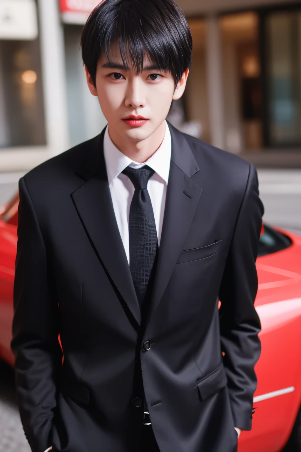 Asian male model on the street,and his wedding car,cool red car,SLR in hand,suit and tie