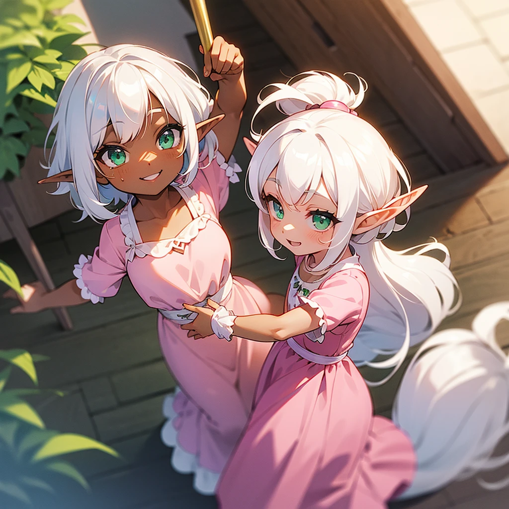 (((I want a  elf girl, with dark skin, white hair done in a hairstyle, green eyes, wearing a pink princess dress, and a sweet smile)))