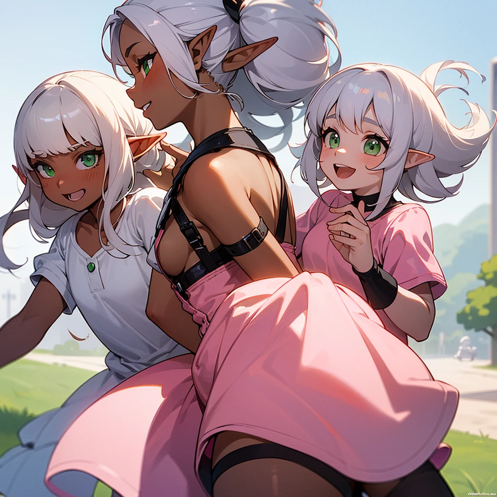 (((I want a child elf girl, with dark skin, white hair done in a hairstyle, green eyes, wearing a pink princess dress, and a sweet smile)))
