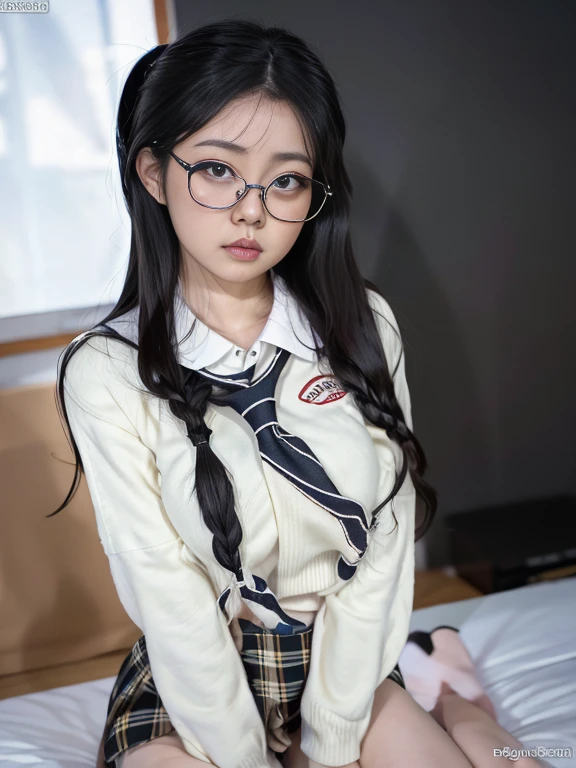 Rae lil black pornstar, long hair down, glasses moaning orgasm face beautiful japanese eyes almost close, one of her porn videos, having sex with a guy, doggy style position, tits and pussy nsfw, aesthetics girl, schoolgirl uniform cosplay, focus on legs weating thighhigj stockibgs and plaid skirt