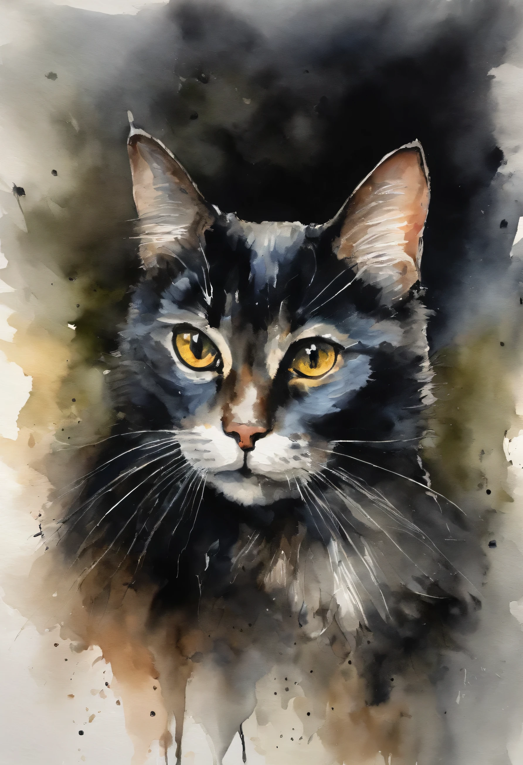 Heavy oil painting, Rembrandt van Rijn, Close up of a cute black cat looking mysterious, moody setting,