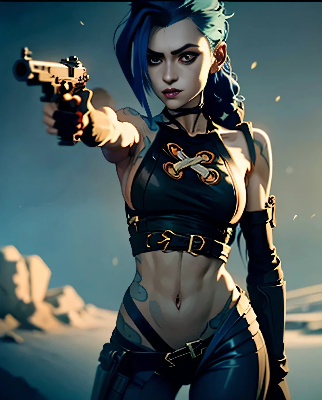 ((Best quality)), ((masterpiece)), (highly detailed:1.3), 3D, arcane style,In the dark and gritty dystopian city Piltover, plagued by violence and divided into two opposing factions, a young prodigy named Jinx emerges. Having endured unimaginable loss and abandonment, she has embraced a life of chaos and destruction. Known for her inventive and explosive abilities, Jinx becomes an icon of rebellion against the oppressive forces controlling the city. However, haunted by guilt and battling inner demons, she must confront her past and decide whether to continue down the path of anarchy or seek redemption amidst the turmoil. Explore the journey of Jinx as she navigates a treacherous world, fighting for survival, unraveling secrets, and discovering the true meaning of her twisted existencechaos reigns supreme, and at the heart of it all is Jinx, the embodiment of unpredictability. Delve deep into the twisted mind of Jinx, exploring the origins of her madness and the driving force behind her destructive nature. Unveil the moments that shaped her into the deranged and iconic character we know. Take us on a wild journey through the vibrant streets of Piltover and the grim underbelly of Zaun as Jinx wreaks havoc with her explosive arsenal. Can redemption ever find its way into Jinx's fractured soul? Or will she forever dance on the edge of sanity, embracing the chaos that fuels her very existence? The fate of Arcane hangs in the balance as Jinx's path intertwines with unlikely allies and formidable foes. Ignite your imagination and paint a vivid portrait of Jinx's twisted psyche, capturing the essence of her madness and the untamed spirit that defines her,HDR (High Dynamic Range),Ray Tracing,NVIDIA RTX,Super-Resolution,Unreal 5,Subsurface scattering,PBR Texturing,Post-processing,Anisotropic Filtering,Depth-of-field,Maximum clarity and sharpness,Multi-layered textures,Albedo and Specular maps,Surface shading,Accurate simulation of light-material interaction,Perfect proportion
