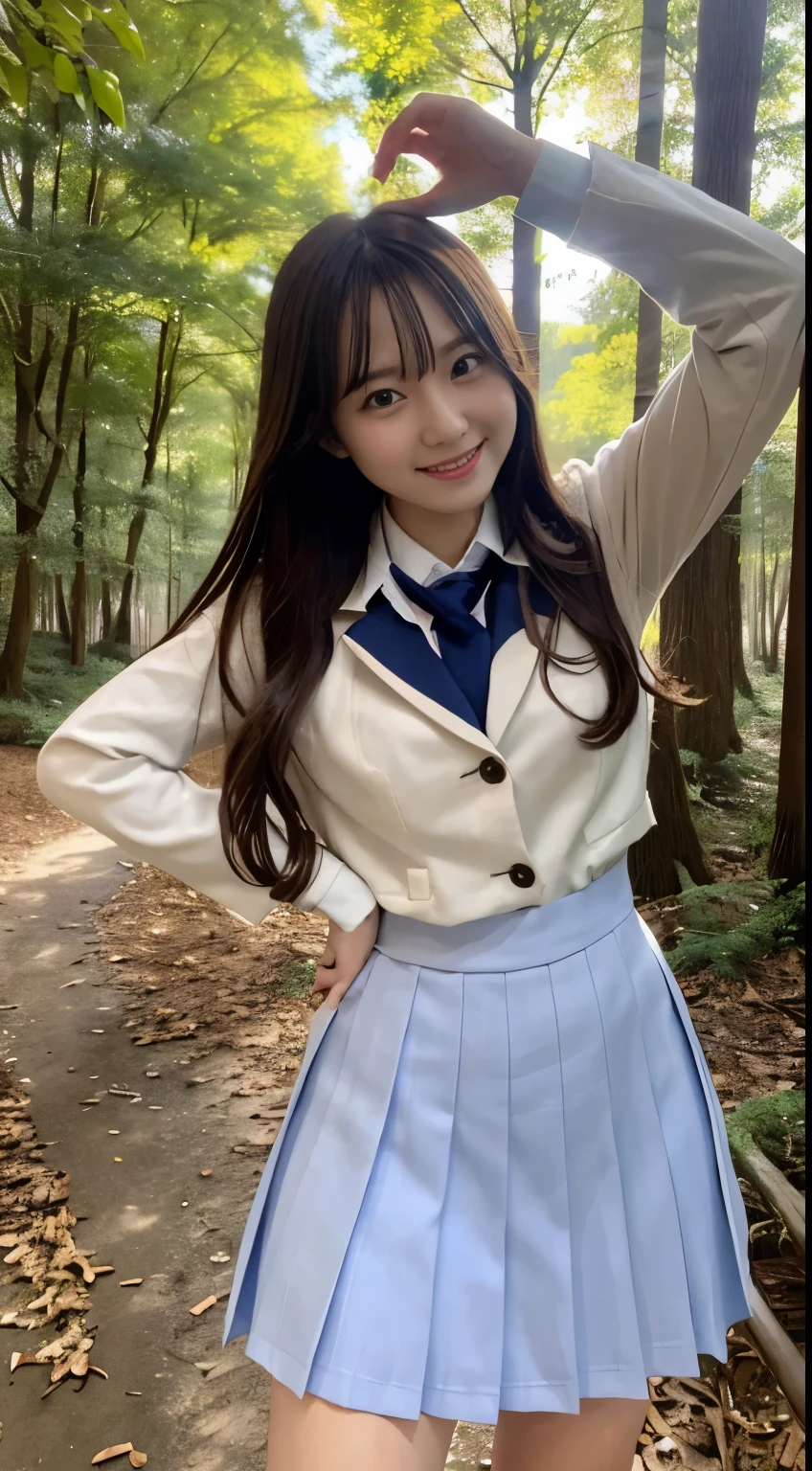 masterpiece, best quality, ultra high res,  smile, One woman standing in a school uniform in a forest like Alice's Wonderland, 