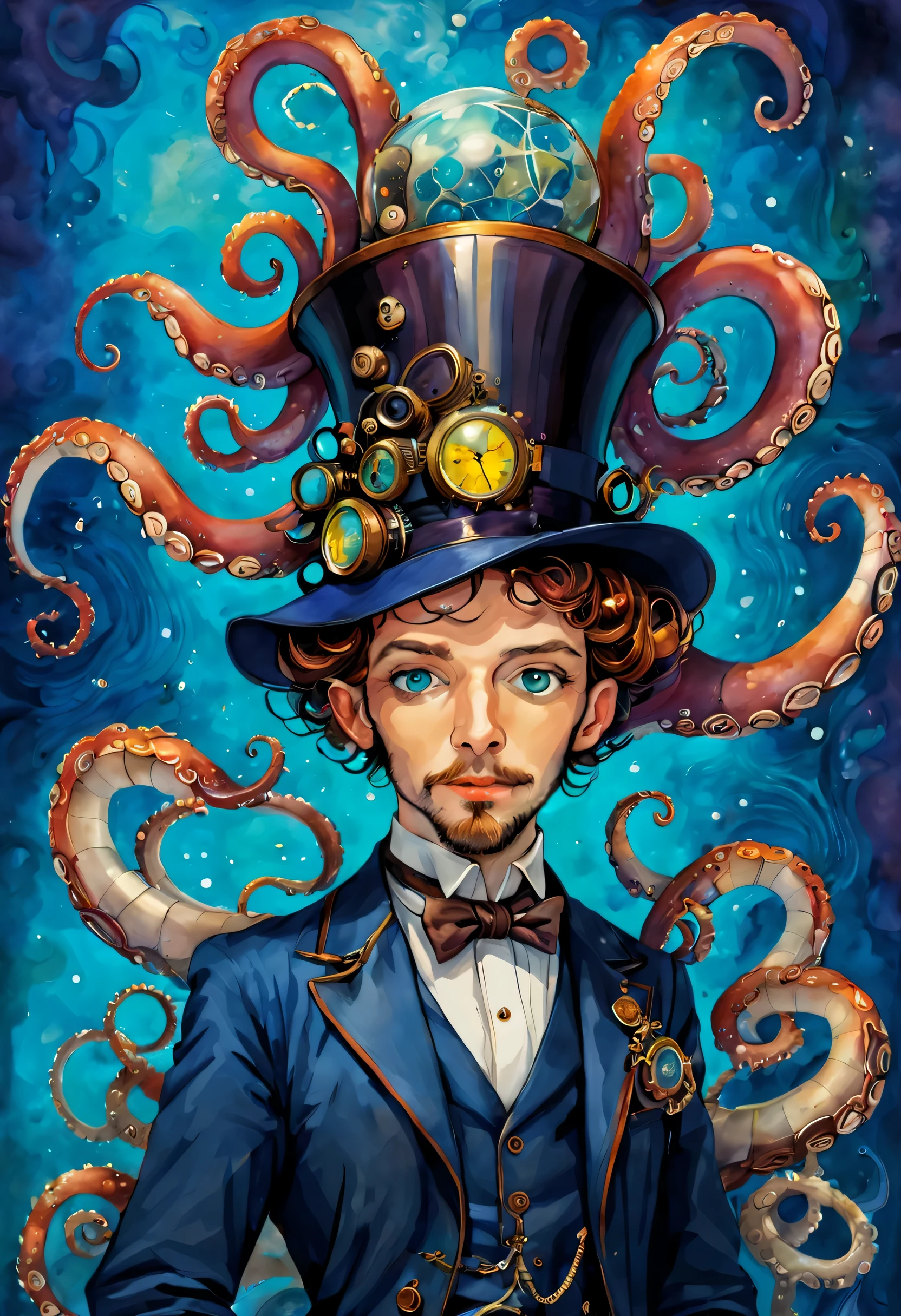Alexander Jansson many fantasy mechanic eccentric octopus steampunk with ingegnering design, watercolor and ink imperial colors, Art Deco by Annigoni, Egon Schiele, Milo Manara, Botticelli, Catrin Welz-Stein, Jean Metzinger, Klimt, perfect eyes, perfect handsface, highly detailed, complementary colors, hyper detailed. Watercolor and ink splatter, dynamic pose, dark blue background