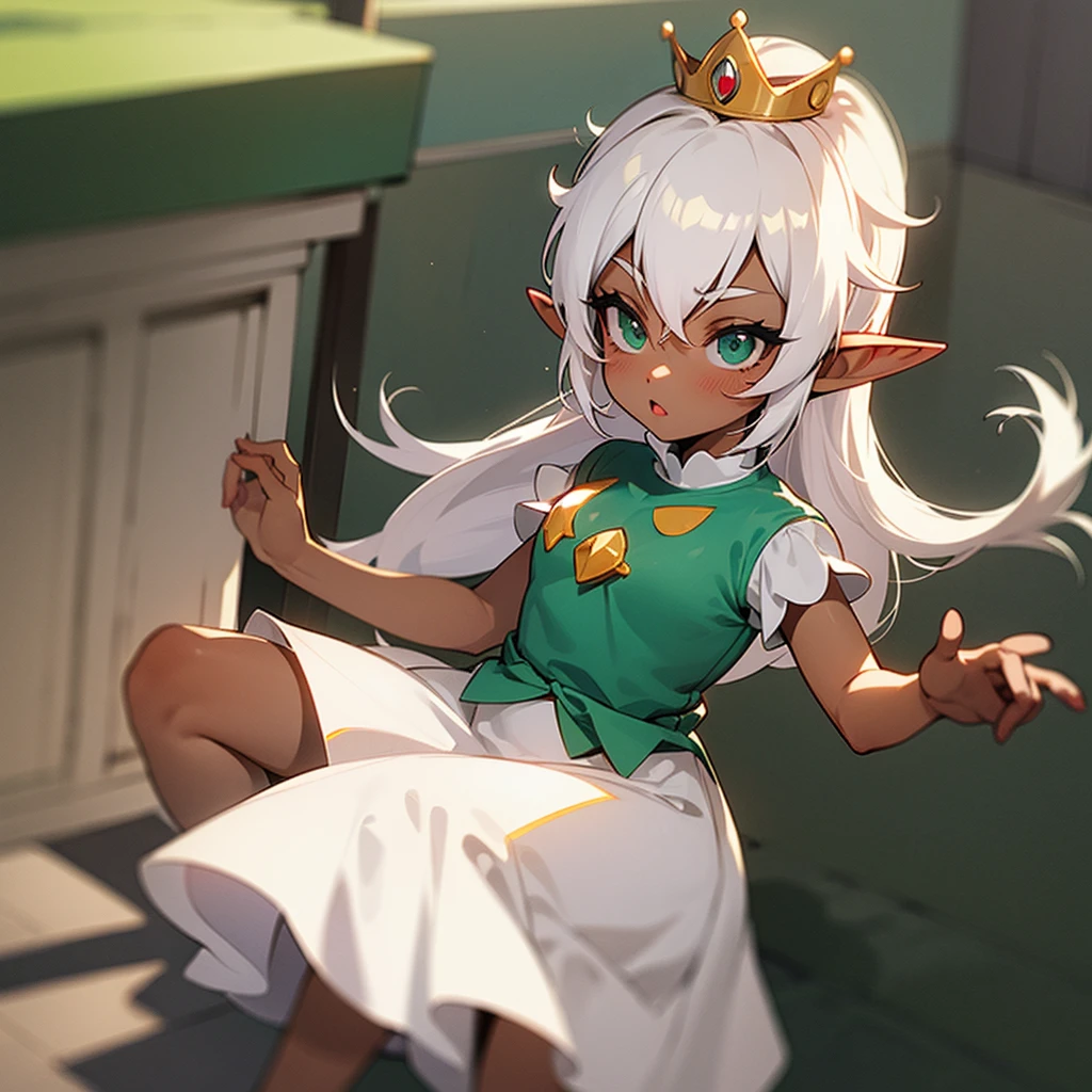 (((I want a child elf girl, with dark skin, white hair done in a hairstyle, green eyes, wearing Princess Peach's dress from Super Mario)))