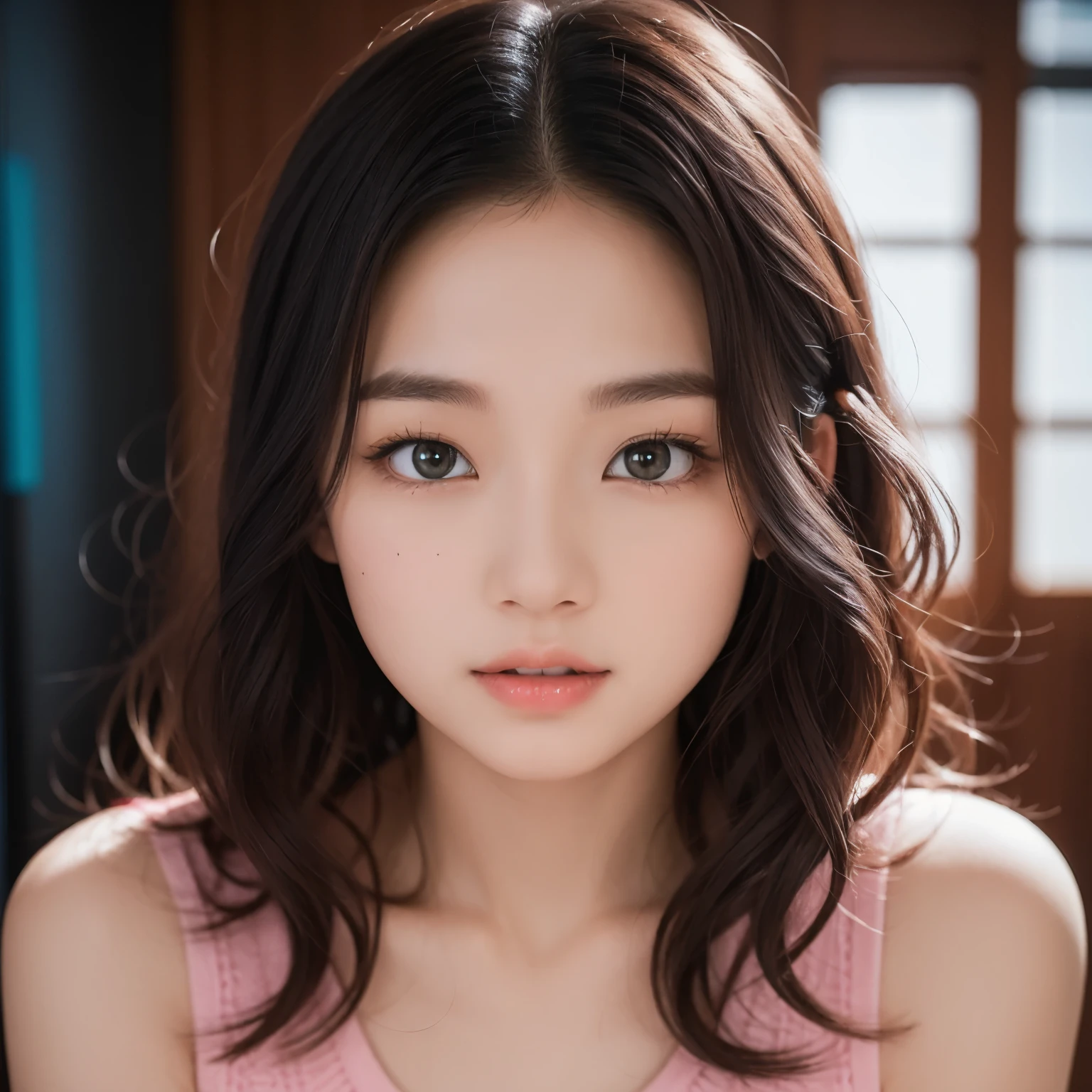 18 year old Chinese girl, Video game players, Wearing a translucent short T-shirt, black hair, ((blush: 0.8)), natural skin texture, 4k texture, Very detailed, Crazy details, faint colors , ((Long curly hair)), ((A smile on your face: 0.4)), (No: 0.2), ((looking directly at camera)), ((Tilted head: 0.8 )), ((Small:1)).