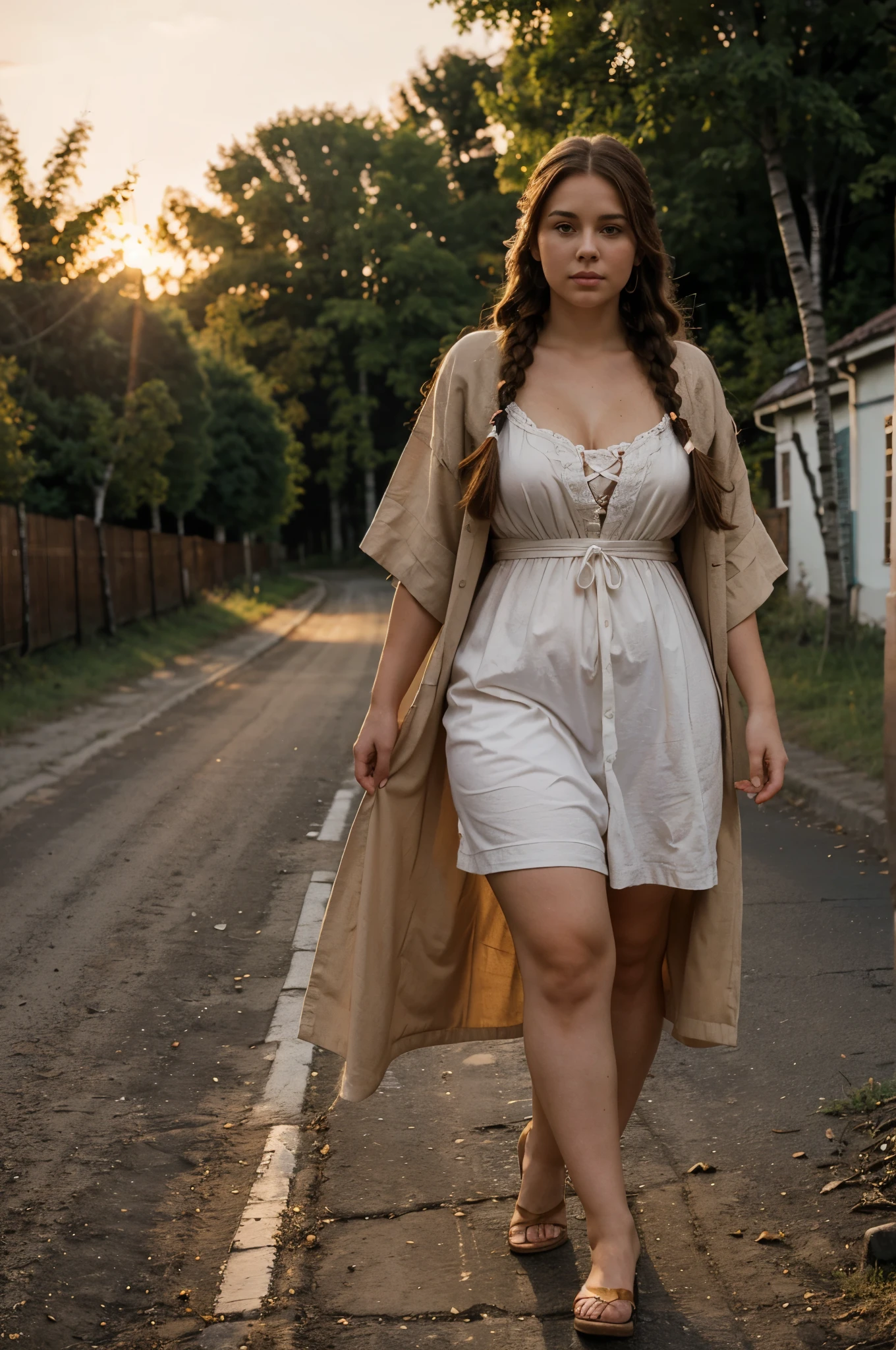 A plump woman with brown hair in a long braid in Russian clothes with a naked hair cunt walks along a light birch road at sunset,