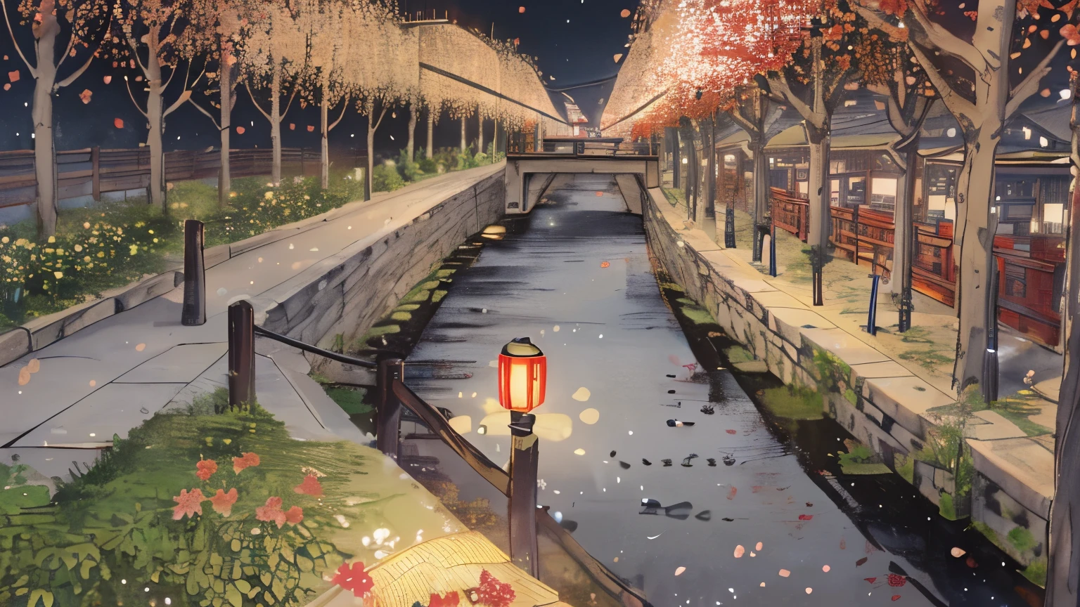 plum bossom,willow,春天来了 道路两边是树木 Chinese New Year'eve,lantern,Chinese,(((Brilliant fireworks))),3D effect,night,Adults and children are bustling in Flower Street,high quality,(16K resolution),((Super detailed)),((a work of art)) Chinese style flowers are blooming, trees are green, willows are blowing in the wind, children are watching willows by the river