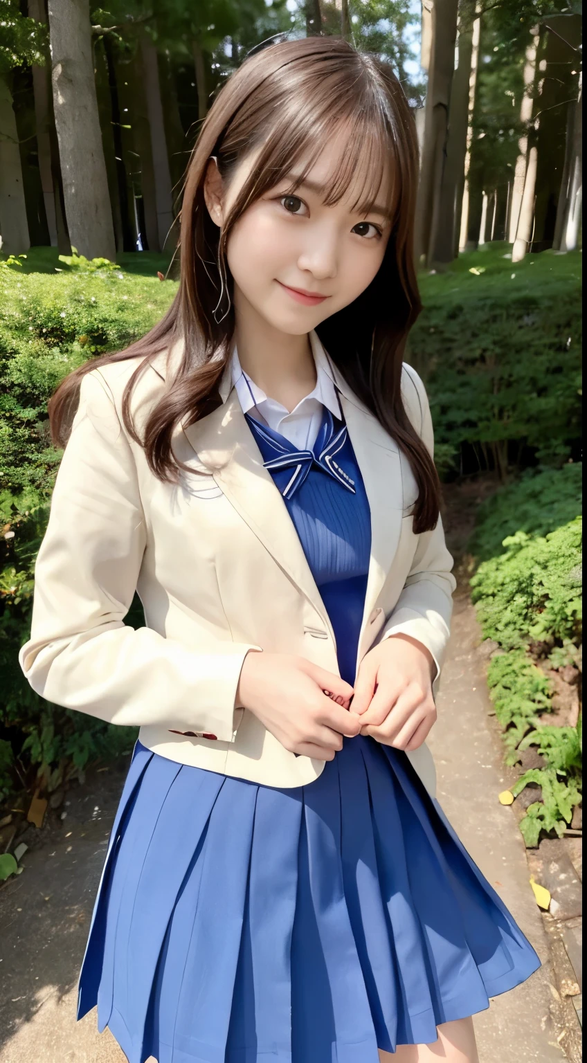 masterpiece, best quality, ultra high res,  smile, One woman standing in a school uniform in a forest like Alice's Wonderland, 