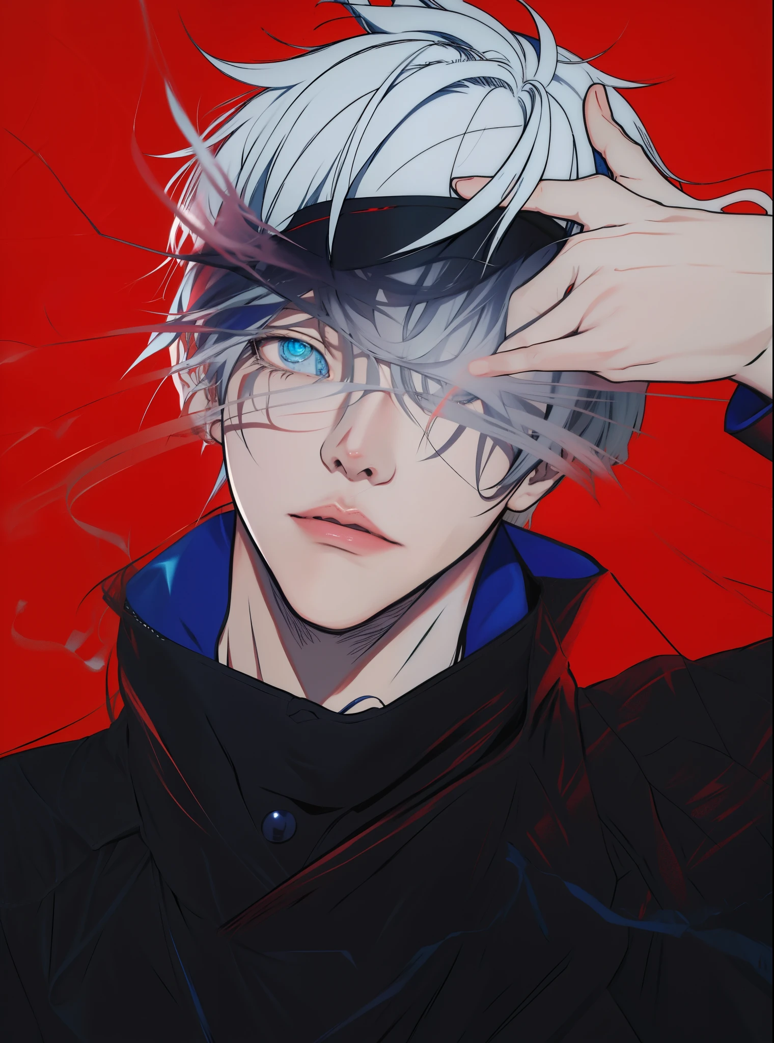Anime man with white hair and blue eyes, tall anime guy with blue eyes,, 2 d anime style, spear, he has dark grey hairs, zerochan art, white haired, zerochan, Male live-action anime style, male anime character,Anime realistic style