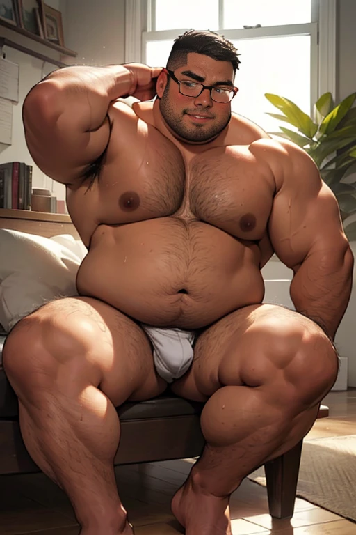 masterpiece,top-quality, in 8K, A fat manNaked, Spread legs, stretch and relax, nerdy, short legs, Bowleg, (fatness: 1.0), Blushing and relaxed fat man, looks sleepy, Bare belly, Bare legs, Shirtless, Glasses, thinning hair, Man with big face, Round face, Wet body, steams,wanking