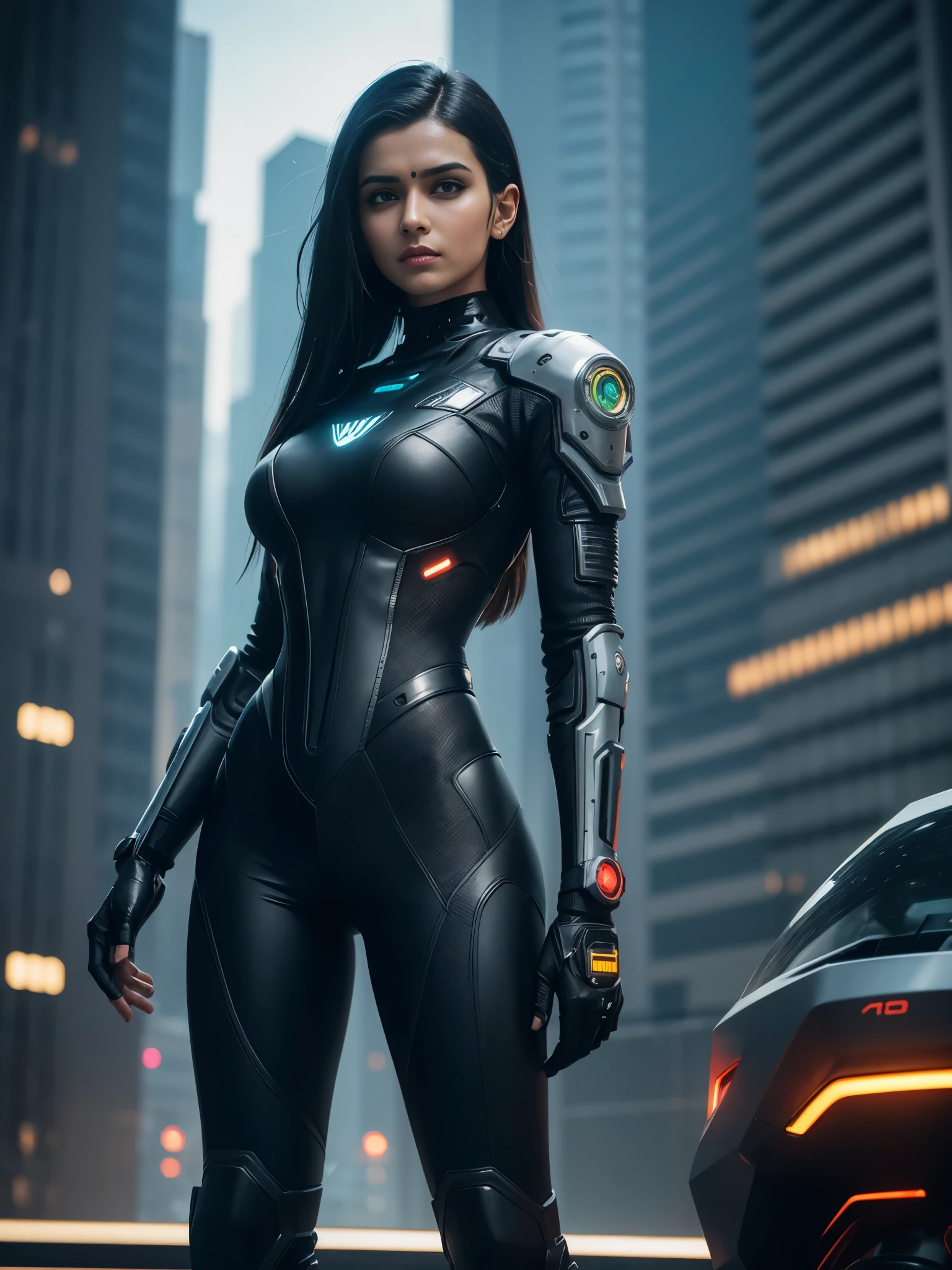 an Indian woman in a futuristic black color suit standing in a city, black color cybersuits, black color cybersuit, beutiful girl cyborg, girl in mecha cyber armor, cyborg - Indian girl, beutiful Indian white girl cyborg, cyborg girl, movie still of a cool cyborg, wojtek fus, cute cyborg girl, a cyberpunk cyborg, cyber suit, cyberpunk 2 0 y. o model girl