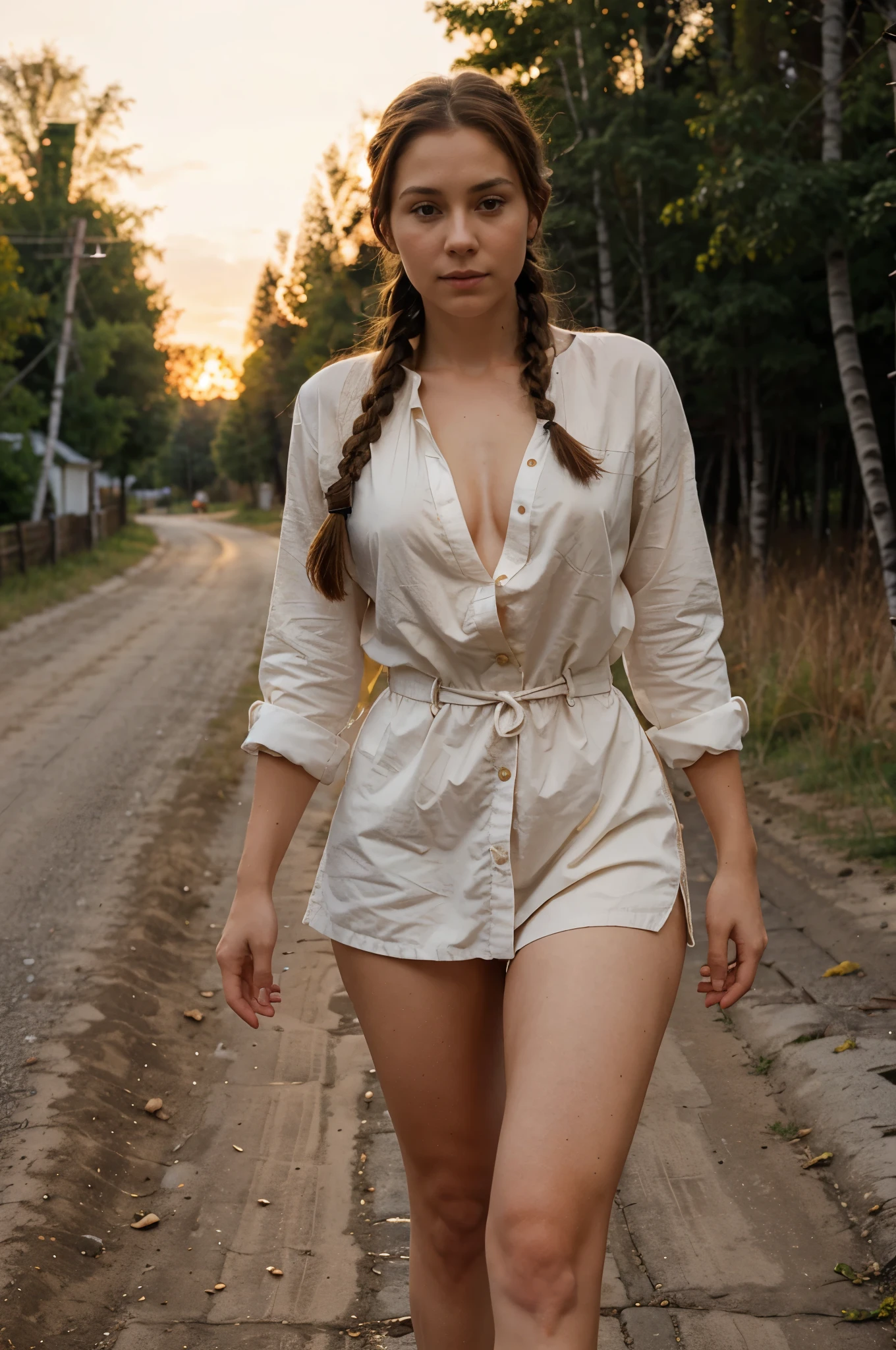 A woman with brown hair in a long braid in unbuttoned Russian clothes with a naked hairy cunt walks along a light birch road at sunset,