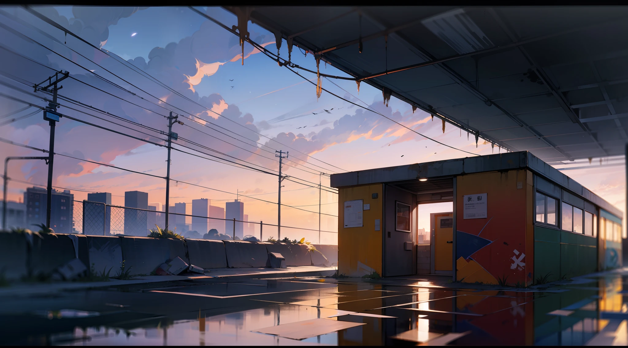(masterpiece),(Symmetrical framing),(Low horizon),(very dark environment),(a sense of suspense),(Very contrasting shadows),(dominant colorright),(Secondary color:orange color),(Modern gray cement building),Image of an abandoned western-style subway exterior landscape from the 1980s,Red brick walls,Graffiti on the walls,crack,metal cabin,闪bright的床单,Small puddles reflecting the environment,lots of dirt on the ground, wiring,Dark silhouette of the city in the background,((Very dark closed night)),((Dense fog)),volumetric smoke,dim light bulb light,((cloudy night sky)),Reflection of pale city light in clouds,pollute