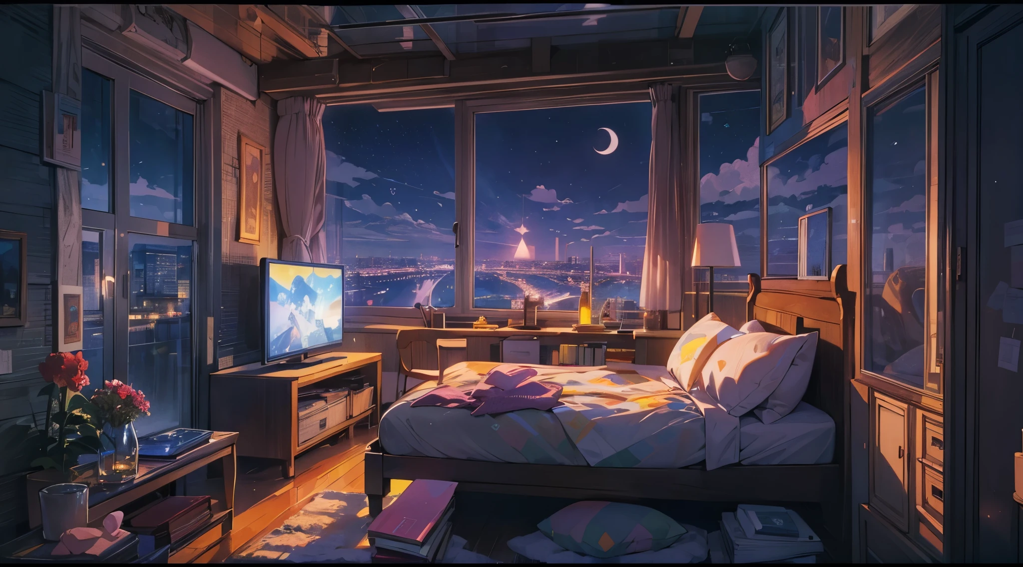 ((Super detailed)), A girl relaxes in a cozy bedroom, (night), on the roof, (beautiful night views from windows), A lot of things, short hair, 2D anime style, 90s anime aesthetic, Low, Very detailed, harddisk, Anime style mixed with film, Surreal, best quality, 8K, masterpiece, high resolution