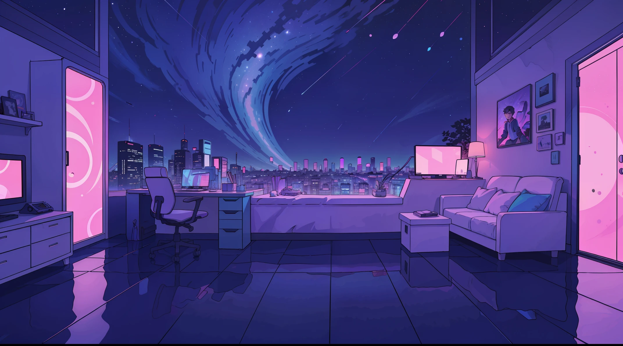 Front view,Lots of flooring,boy's room,mirrored image,spacious, synthwave colors, blue purple, night, panoramic, starry sky