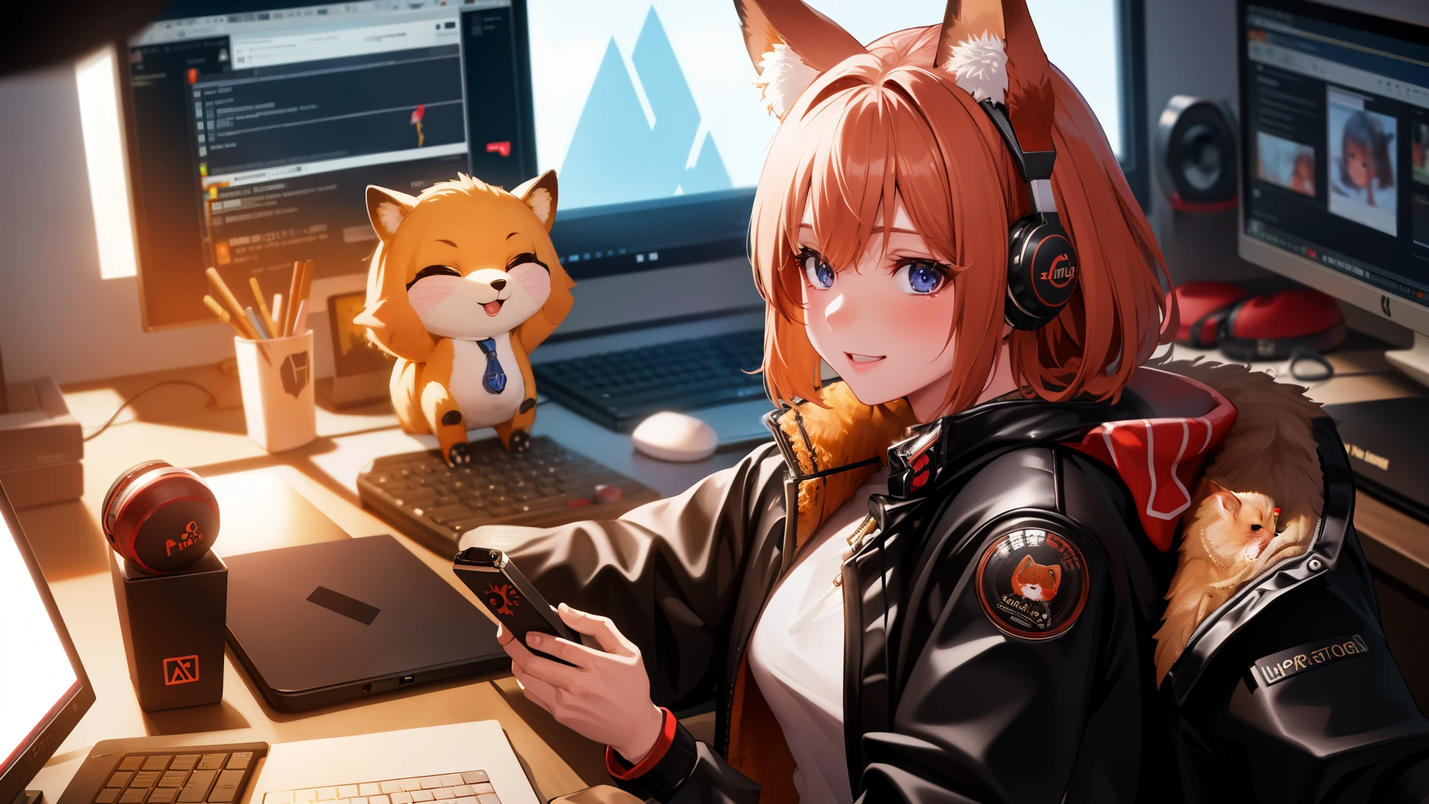 A Q-version of a cute red fox wearing a microphone and headphones sitting in front of the computer in the office. High-definition image of cute customer service., Using advanced macro photography technology、The hands are very detailed, sunlight, (blurred background), WLOP, art station, CG settings, concept art, CG settings, octane rendering, Estação Arte fashion trends, art stationHD, art station, 4k, 8K, masterpiece, better quality, Super detailed,  expressive eyes. 