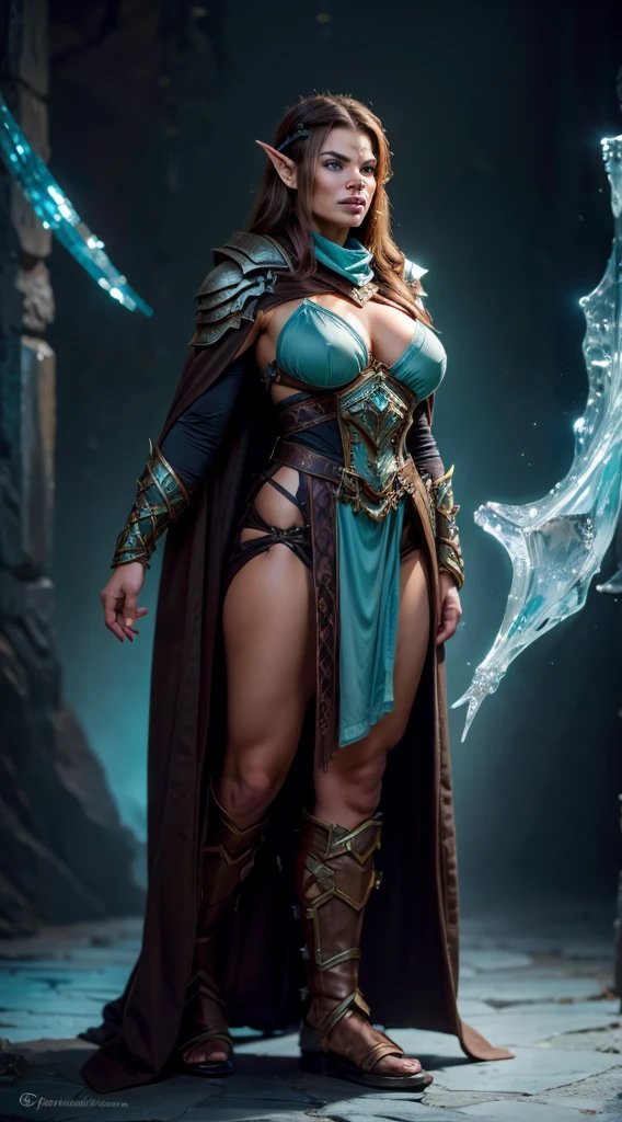 short, Female, Half-Orc, long flowing "light brown hair", "ice blue eyes", "green skin", black and brown robe, full body pose,