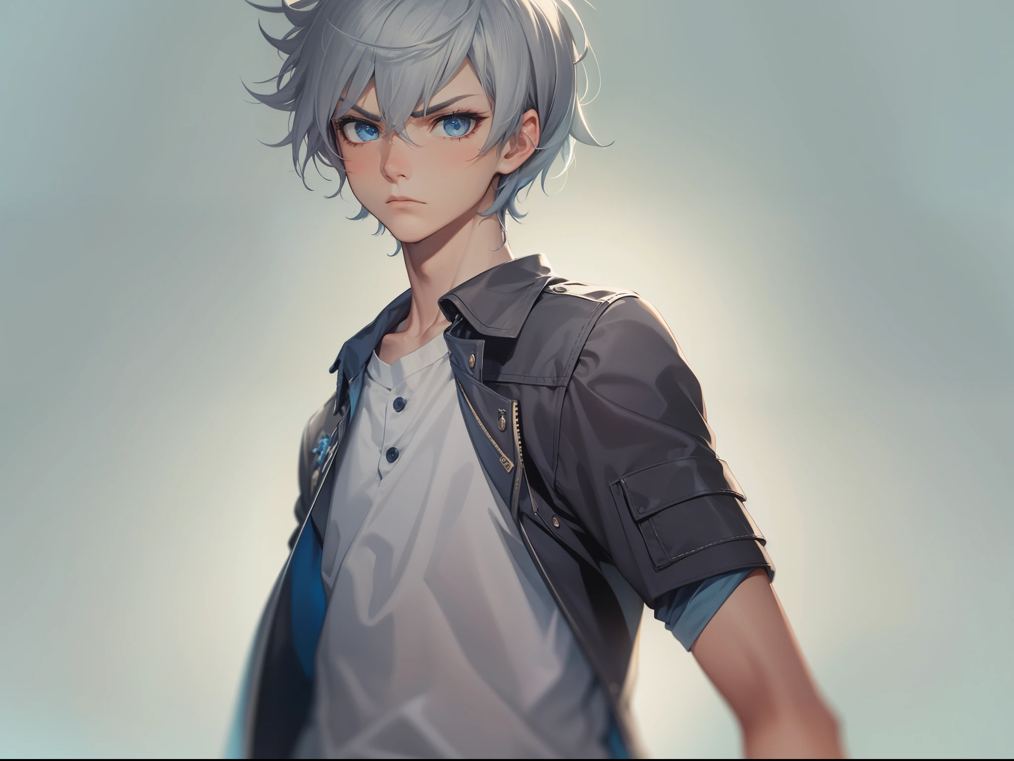 Best quality, tmasterpiece, 18 year old boy, Tall, Short gray hair, blue color eyes, The expression angry and firm