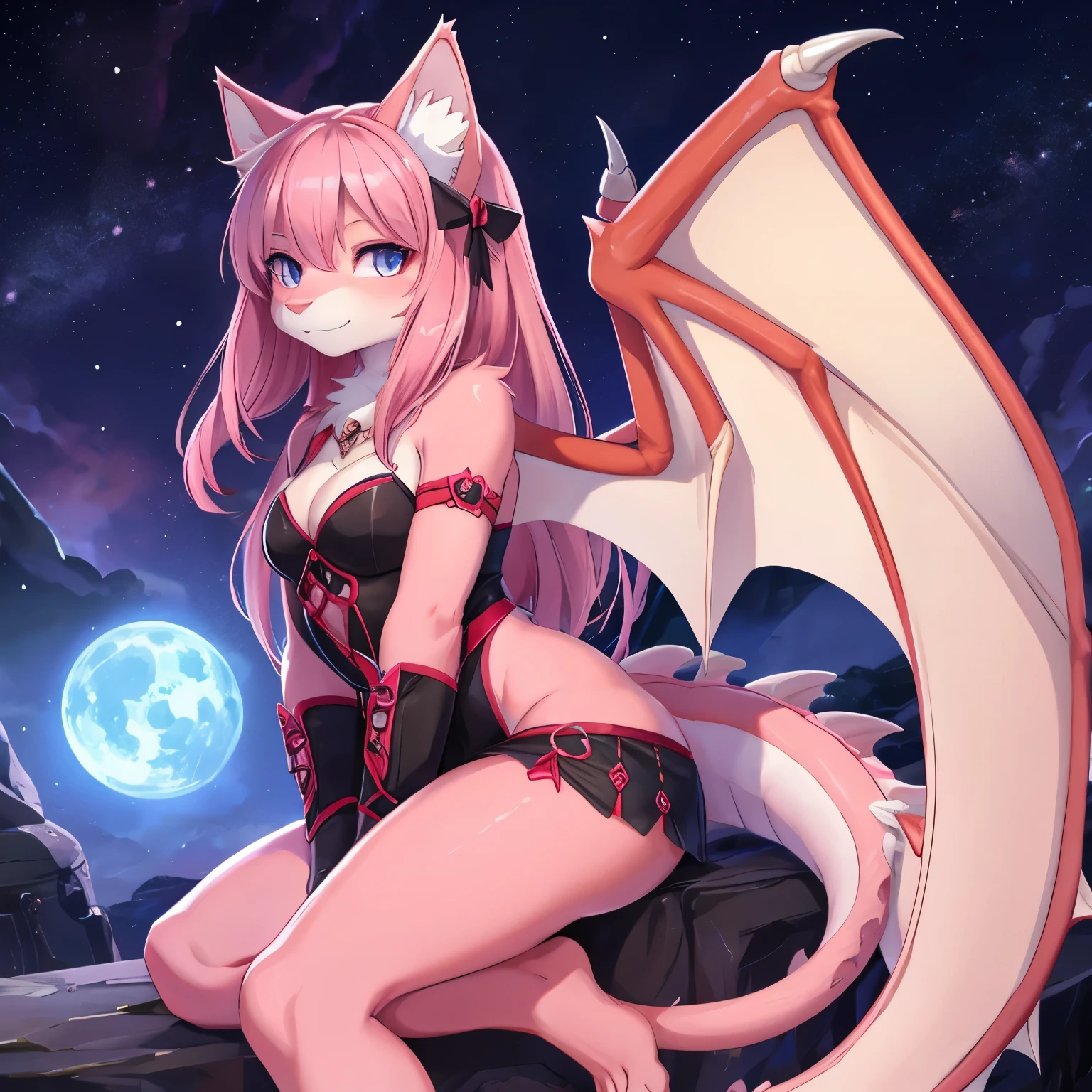 Furry female cat with pink fur and dragon wings, age 19, petite