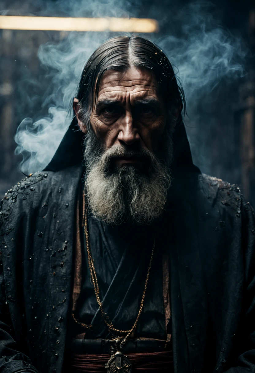 Mad Monk of Russia Rasputin High Detail 4k portrait  photograph, dirty, muddy, faded film, 70mm photo, saturated, grainy, vignette, stained, Kodachrome, Lomography, highly detailed, in the style of national geographic award winning portraits, ), 8k, high resolution, hyper realistic, photorealistic, 8K, photo, hyper realistic, photo intricate shot on Fujifilm GFX 50r, sharp focus, emitting diodes, smoke, motherboard, by pascal blanche rutkowski repin artstation hyperrealism painting concept art of detailed character design matte painting, 4 k resolution blade runner