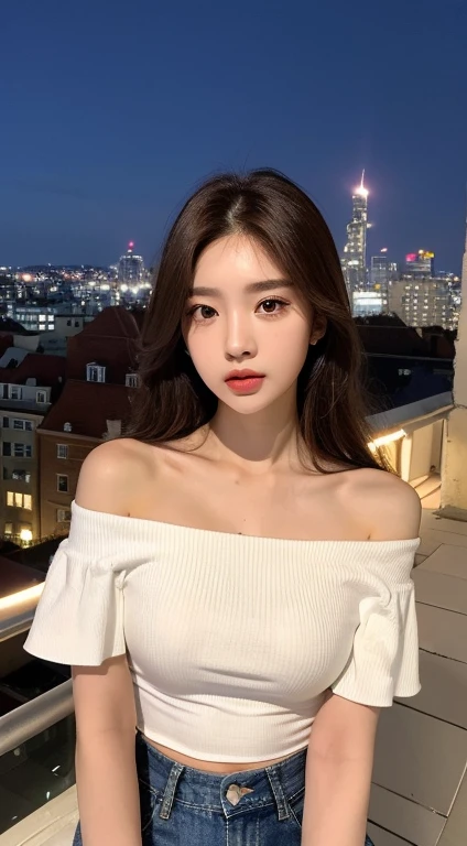 ((midnight, best quality, 8K, masterpiece :1.3)), whole body, long legs, sharp focus :1.2, pretty girl with perfect body :1.4, slim abs :1.1, ((dark brown hair, big bust :1.2)), (white tight t-shirt, jeans, standing:1.2), ((night 도시 전망, rooftop:1.3)), Highly detailed face and skin textures, detailed eyes, double eyelid, night, brighten the lights, light, off shoulder