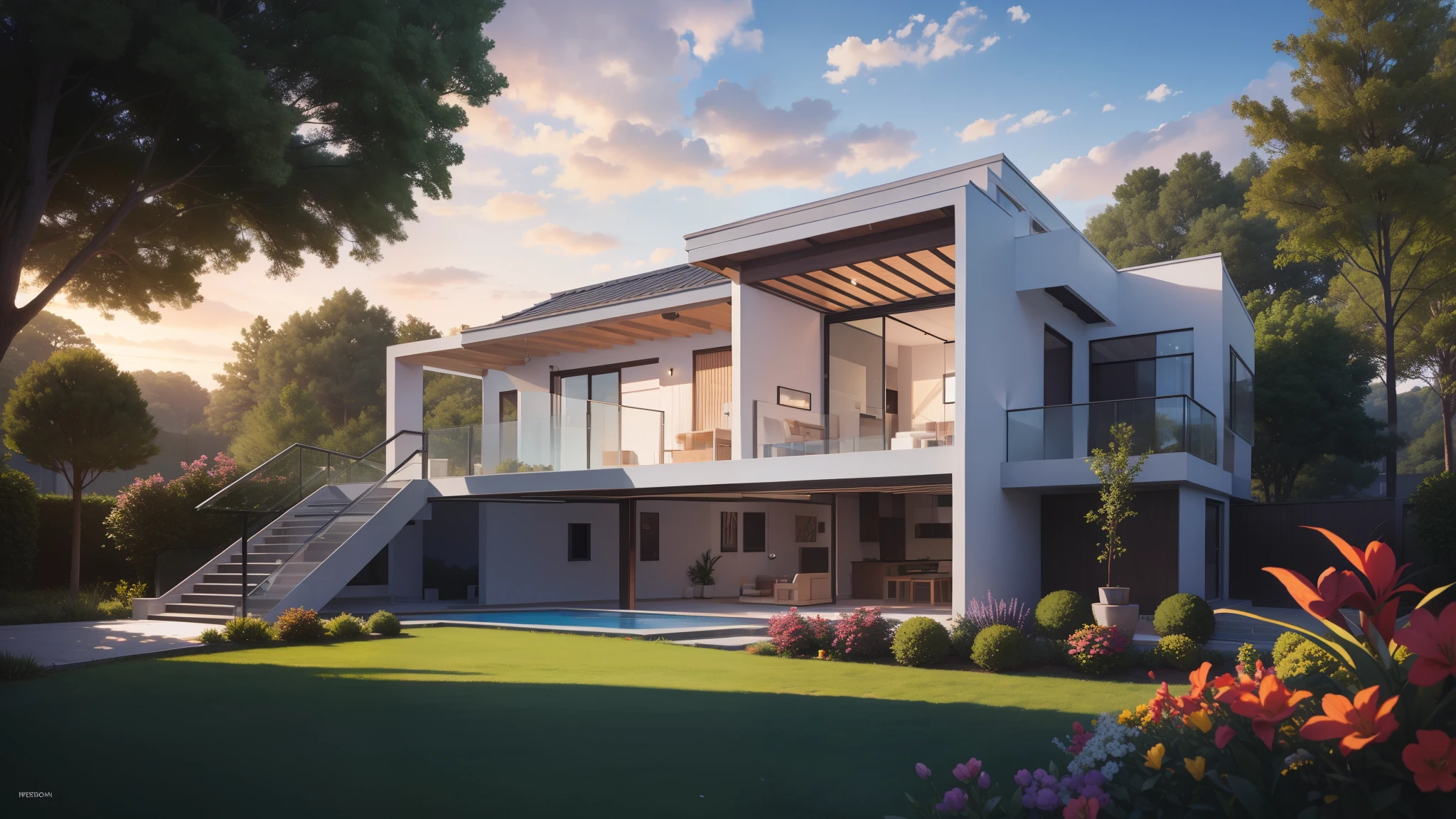 modern villa, 2 floors in the landscape, photographic, hyper realistic