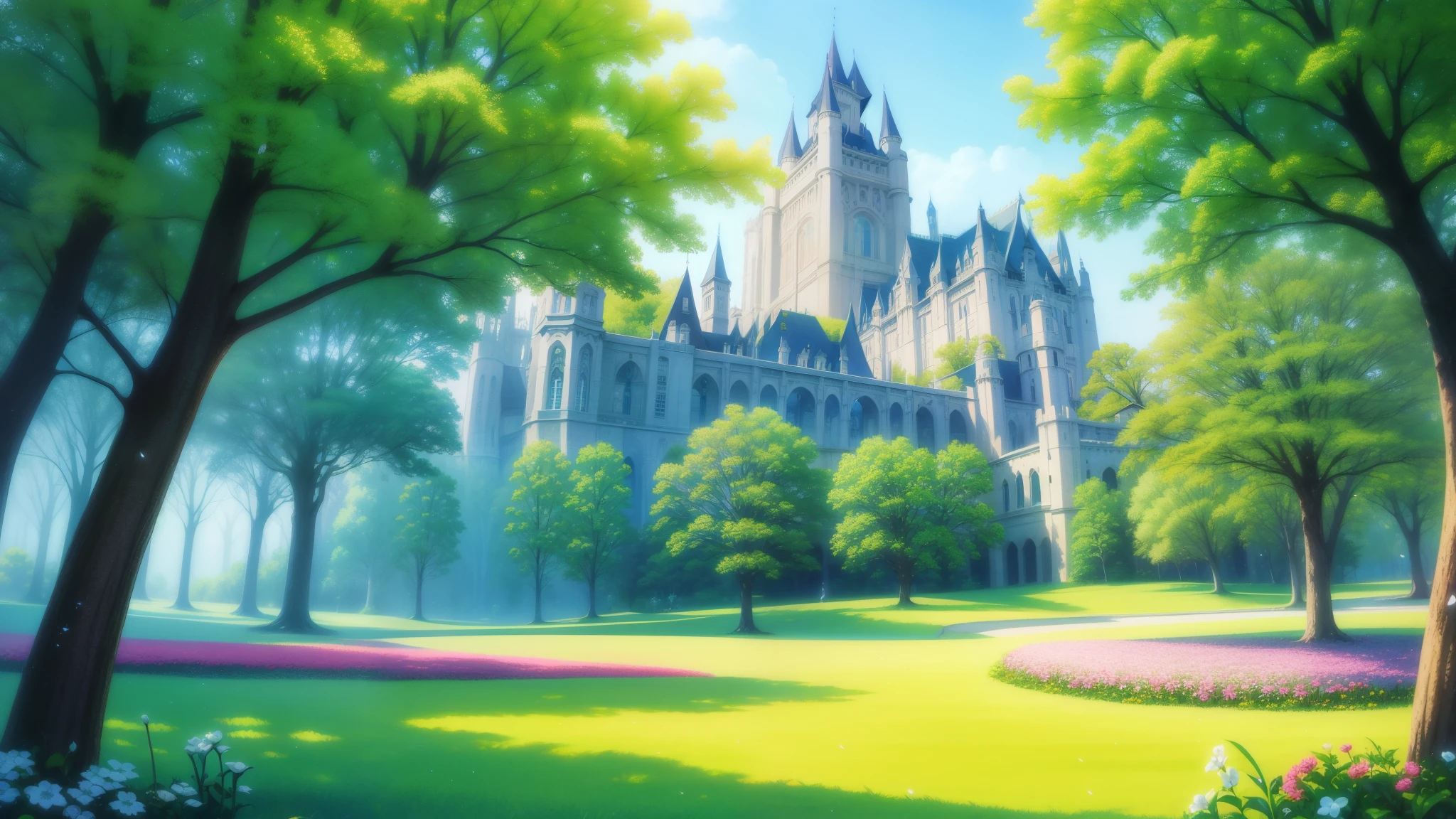 spring landscape, spring flower castle, fantasy art, enchanting realms, john avon, inspiration, fairytale, light green and light violet,masterpiece, real