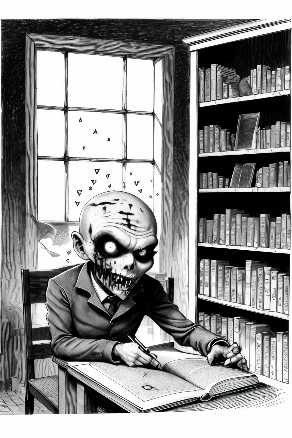 A pen-and-ink drawing of a zombie librarian, slumped over a desk amidst overturned bookshelves. Its eyes glow with an insatiable hunger, not for flesh, but for knowledge, as it reaches for a dusty tome, its touch leaving behind strange, glowing symbols on the pages.