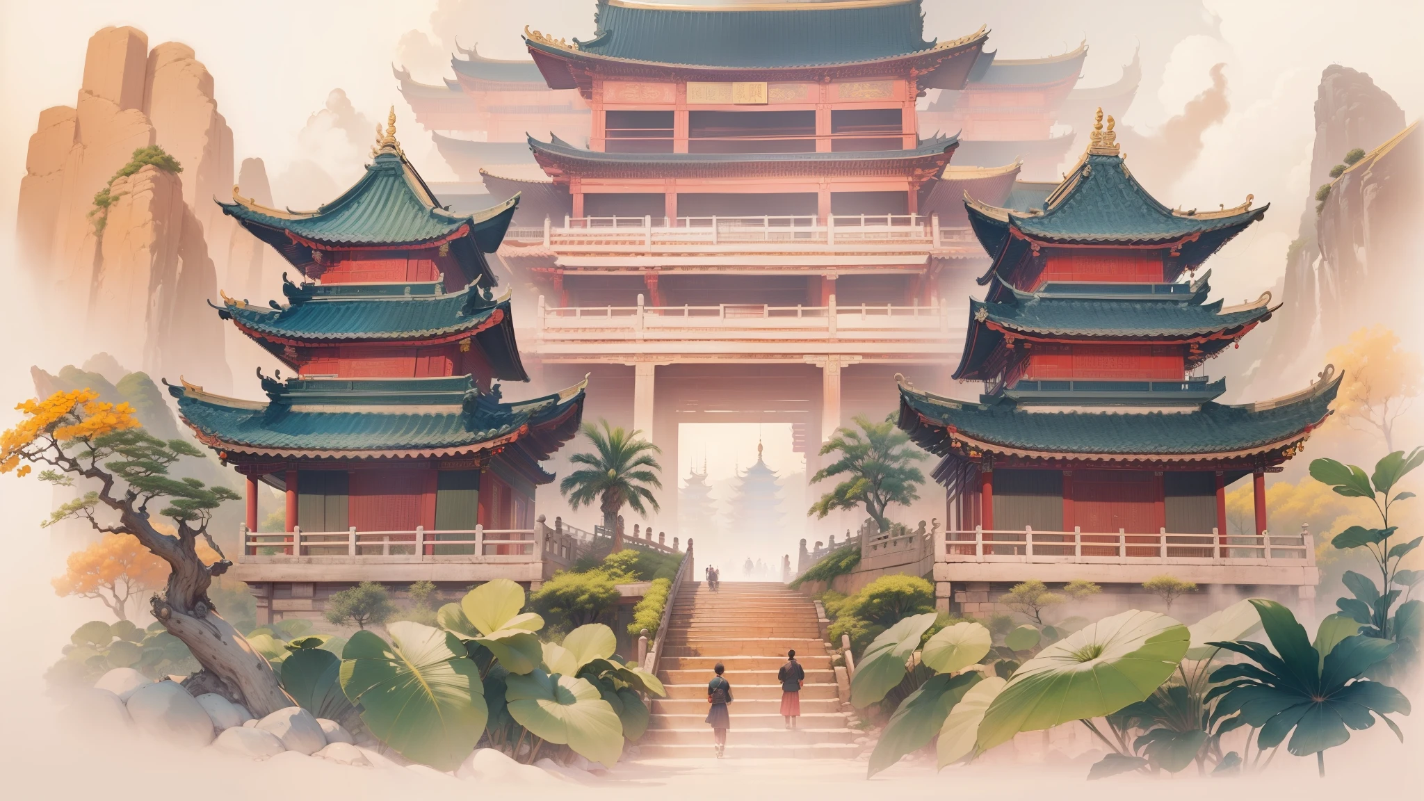 (((Masterpiece))),(((Best quality))),(((Amazing detail))),((illustration)),((A high resolution)),((8K)),Chinese painting,ink painting,Chinese traditional building,Chinese-style architecture,Chinese ancient architecture,dreamy,divine,flat,temples,wide shot,from below, f/1.8