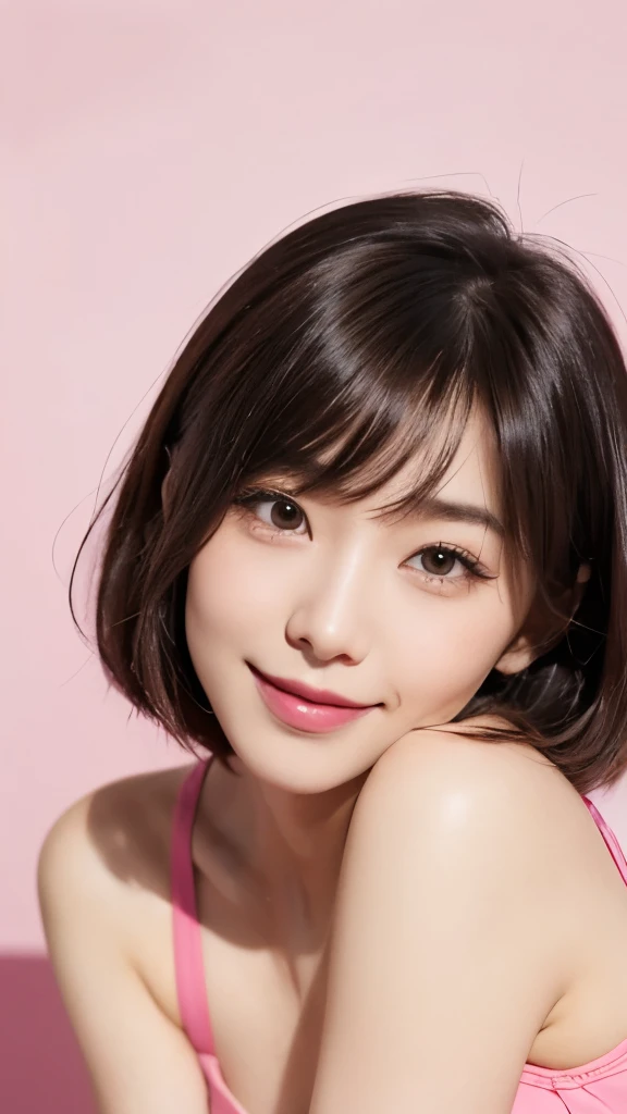 "Compose a beautiful portrait capturing the essence of a Japanese girl. Layered bob brown colour hair with pink colour underneath the back hair with bangs. Envision her in a stylish ensemble, wearing a leather push up bra paired wit leather mini skirt and sneakers. Frame the shot to showcase the full image, highlighting her poise and individuality. Flirting smiling face with a sexy pose by squeezing her breast with her arms while bending forward. Pay attention to details, employing vibrant colors and a captivating backdrop to enhance the overall aesthetic appeal of this stunning portrait."