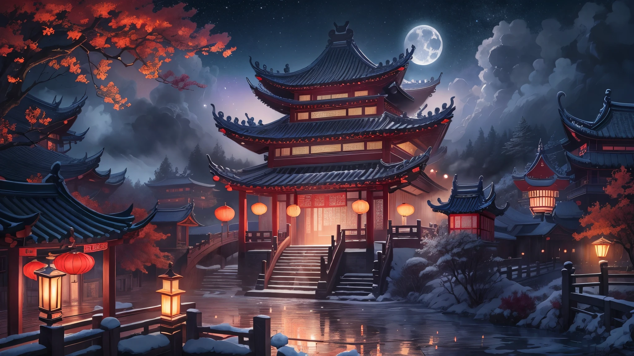 (Ancient Chinese emperors traveled:1.5),Surreal CG rendering of ancient Chinese palaces,Jiangnan ancient buildings and ancient towns have Yaolin wonderland。the night,the huge moon:1.5,The stars are bright,The smoke fascinatinaple leaves and milk leaves are trees。snow landscape。k hd
