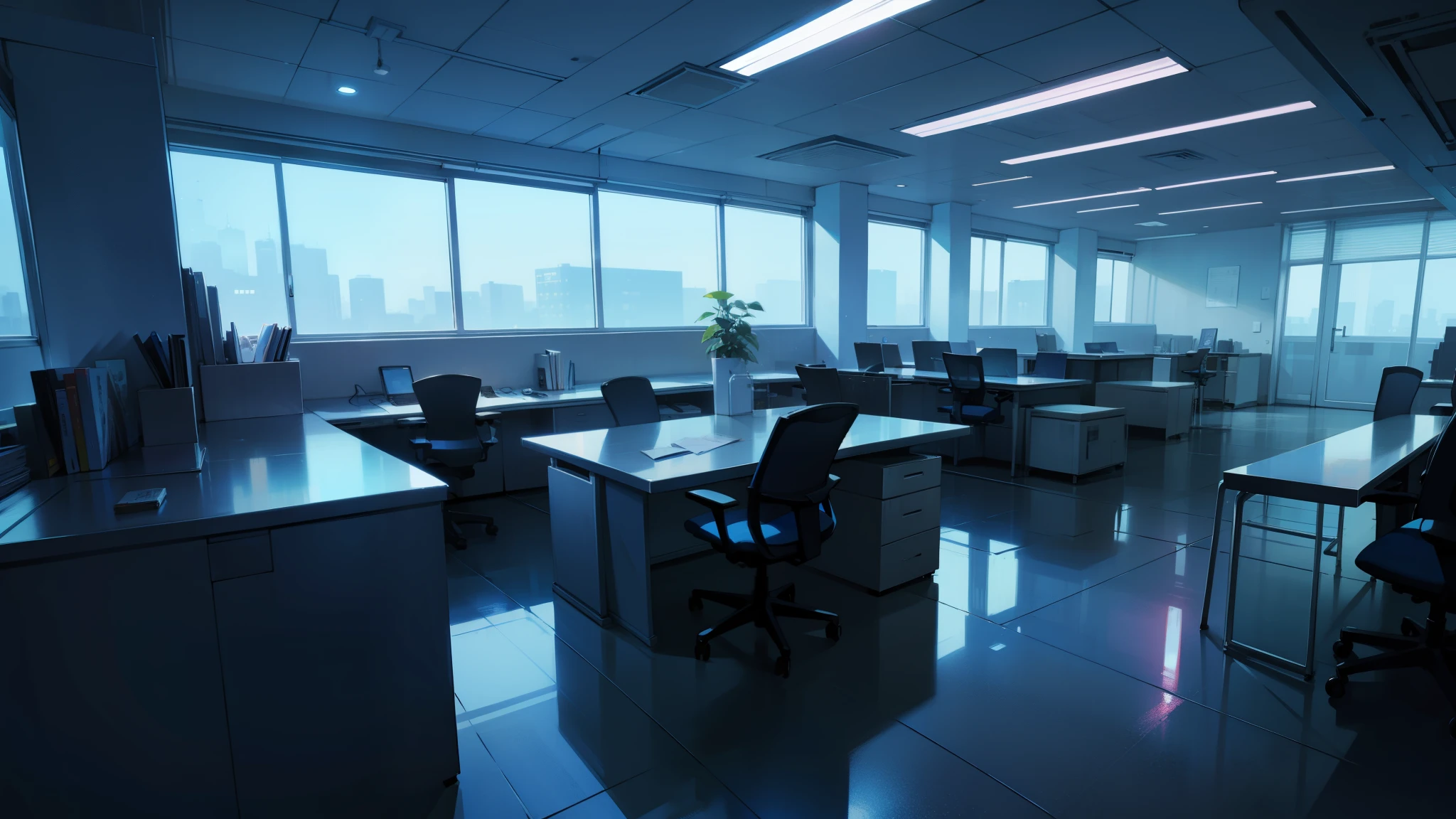 An office with blue lights, professional, elegant, anime style