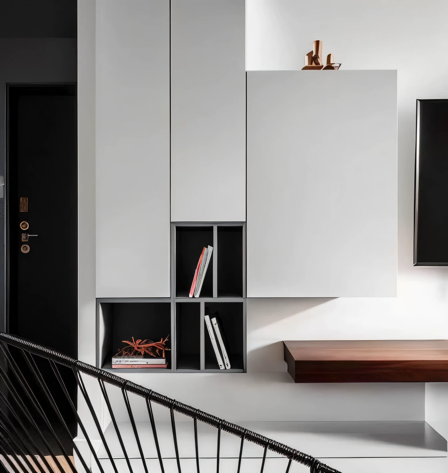 There a black and white living room,Comes with TV and wooden table, minimalist and beautiful, 优雅的minimalist, Modern and , Inside modern apartment, Modern and 设计, minimalist室内设计, modern details, minimalist design, minimalist, minimally modern, Modern and , design, furniture, interior design details, Low details and clean lines