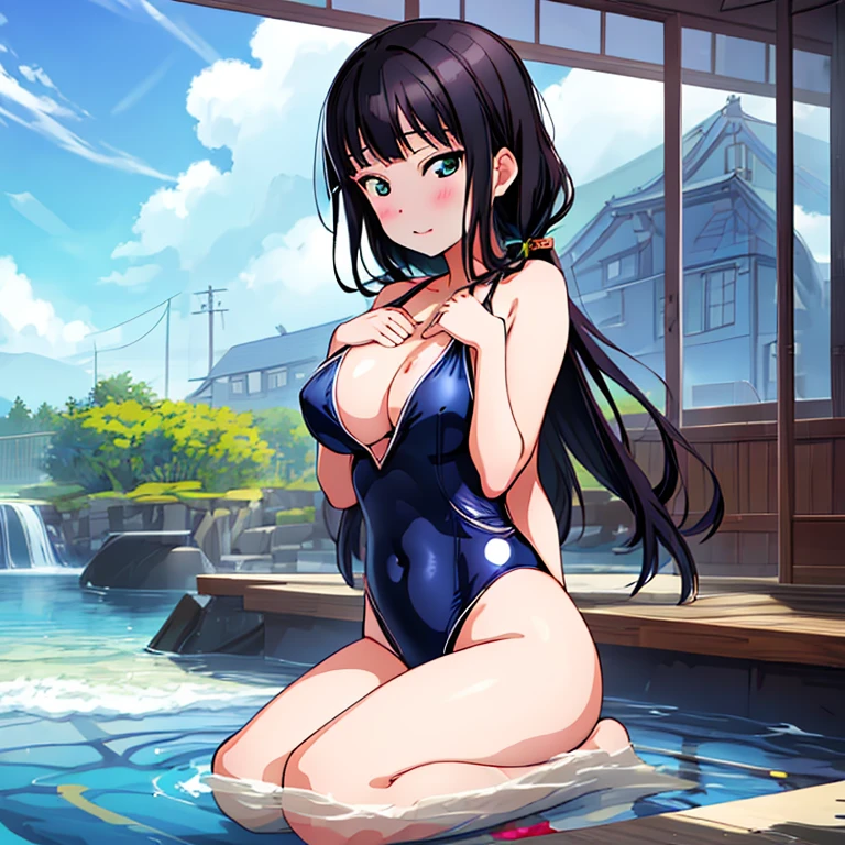 best quality, very aesthetic, Super detailed, best illustration, navy blue swimsuit, Japan Student Swimsuit, black_hair,tits