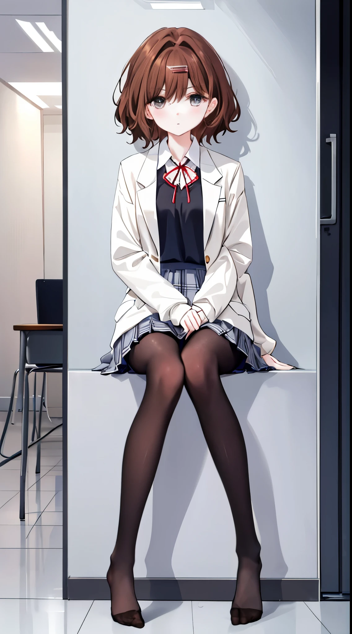 finest, masterpiece, High resolution, (full body), front, symmetrical, Mature tall high school girl, alone, (full body from head to toe), small breasts, long hair, slightly messy hair, (black tight track pantyhose), black pantyhose, composition showing white panties, slender beautiful legs, A very beautiful and tall 17 year old girl (not wearing shoes) Soothe your legs, shy big eyes, (short (brown hair)), (bangs), messy hair, (hair clip), looking at camera, showing white panties, white ruffle lingerie, high school uniform blazer, high school uniform white blouse, High school uniform with blue ribbon, high school uniform with short plaid pattern and navy pleated skirt