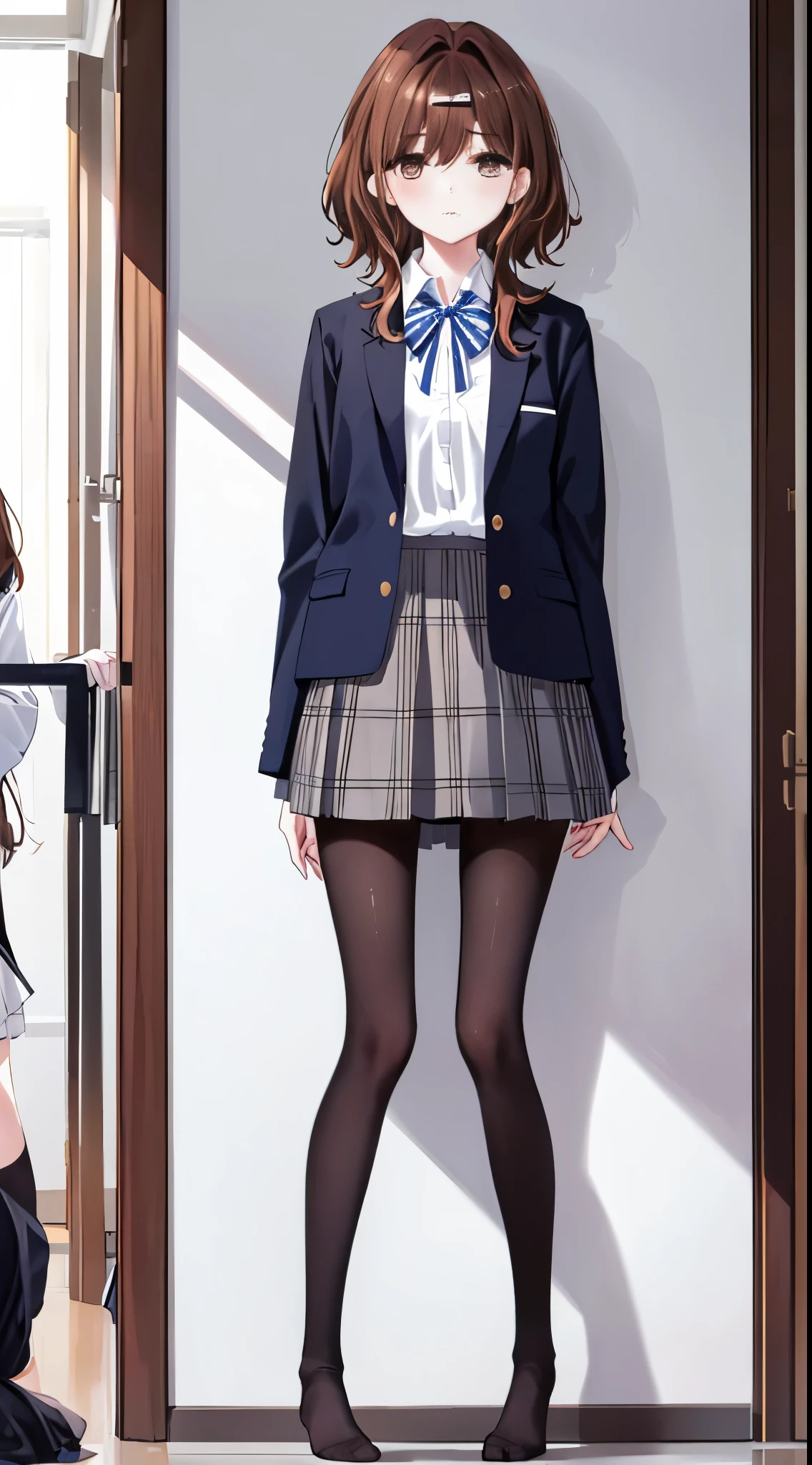 finest, masterpiece, High resolution, (full body), front, symmetrical, Mature tall high school girl, alone, (full body from head to toe), small breasts, long hair, slightly messy hair, (black tight track pantyhose), black pantyhose, composition showing white panties, slender beautiful legs, A very beautiful and tall  girl (not wearing shoes) Soothe your legs, shy big eyes, (short (brown hair)), (bangs), messy hair, (hair clip), looking at camera, showing white panties, white ruffle lingerie, high school uniform blazer, high school uniform white blouse, High school uniform with blue ribbon, high school uniform with short plaid pattern and navy pleated skirt