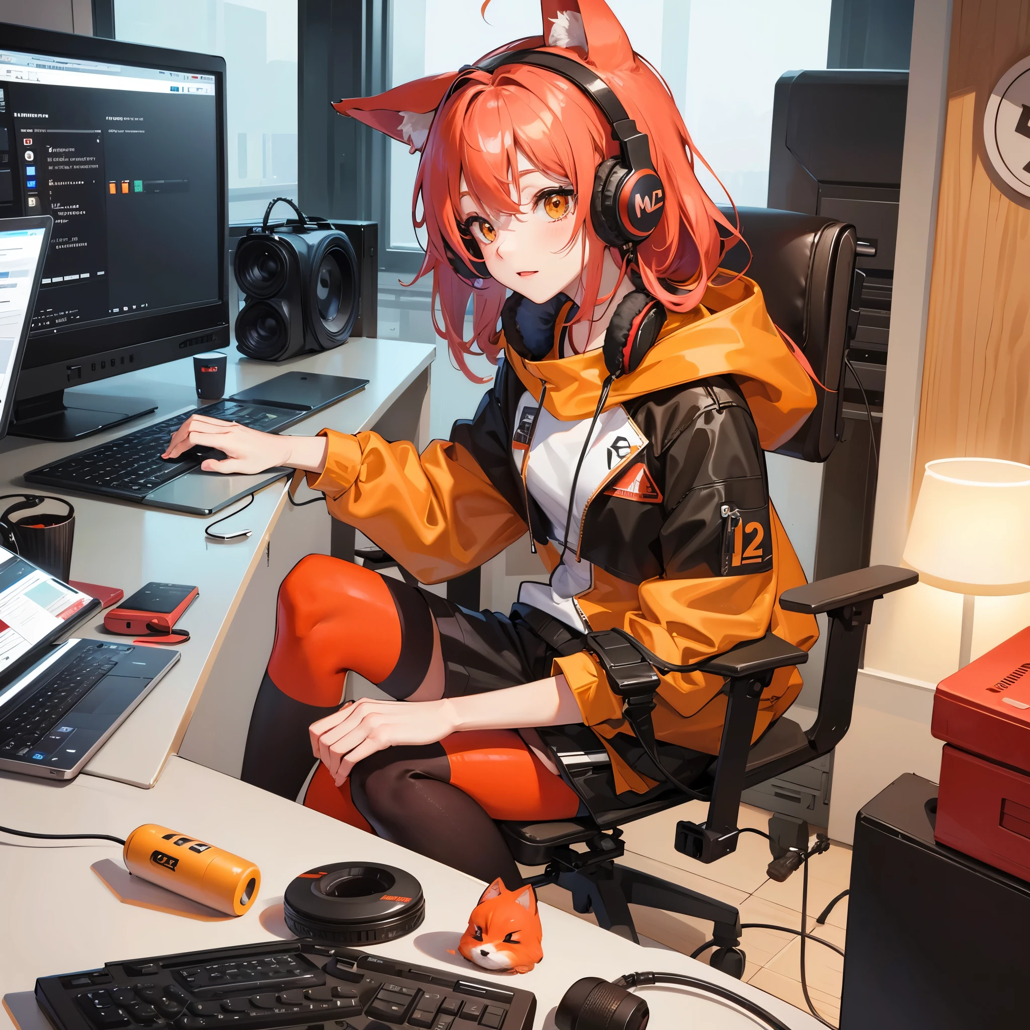 A Q version of a cute red fox animal image with a microphone and headphones sitting in front of the computer in the office, high-definition cute customer service