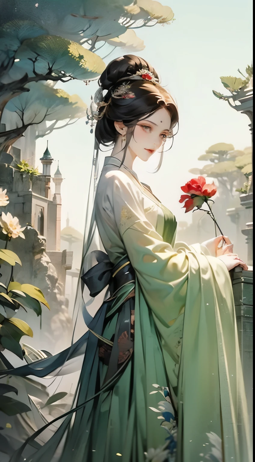 Wear traditional clothing、Antique hair accessorieeder woman with a flower in her hair， Guviz style artwork， guweiz， （（Exquisite fantasy domineering character painting， beautiful fantasy queen， Popular topics on cgstation， Bowater&#39;s art style， author：hero， Exquisite renderings of the Tang Dynasty， Gurwitz&#39;s masterpiece
