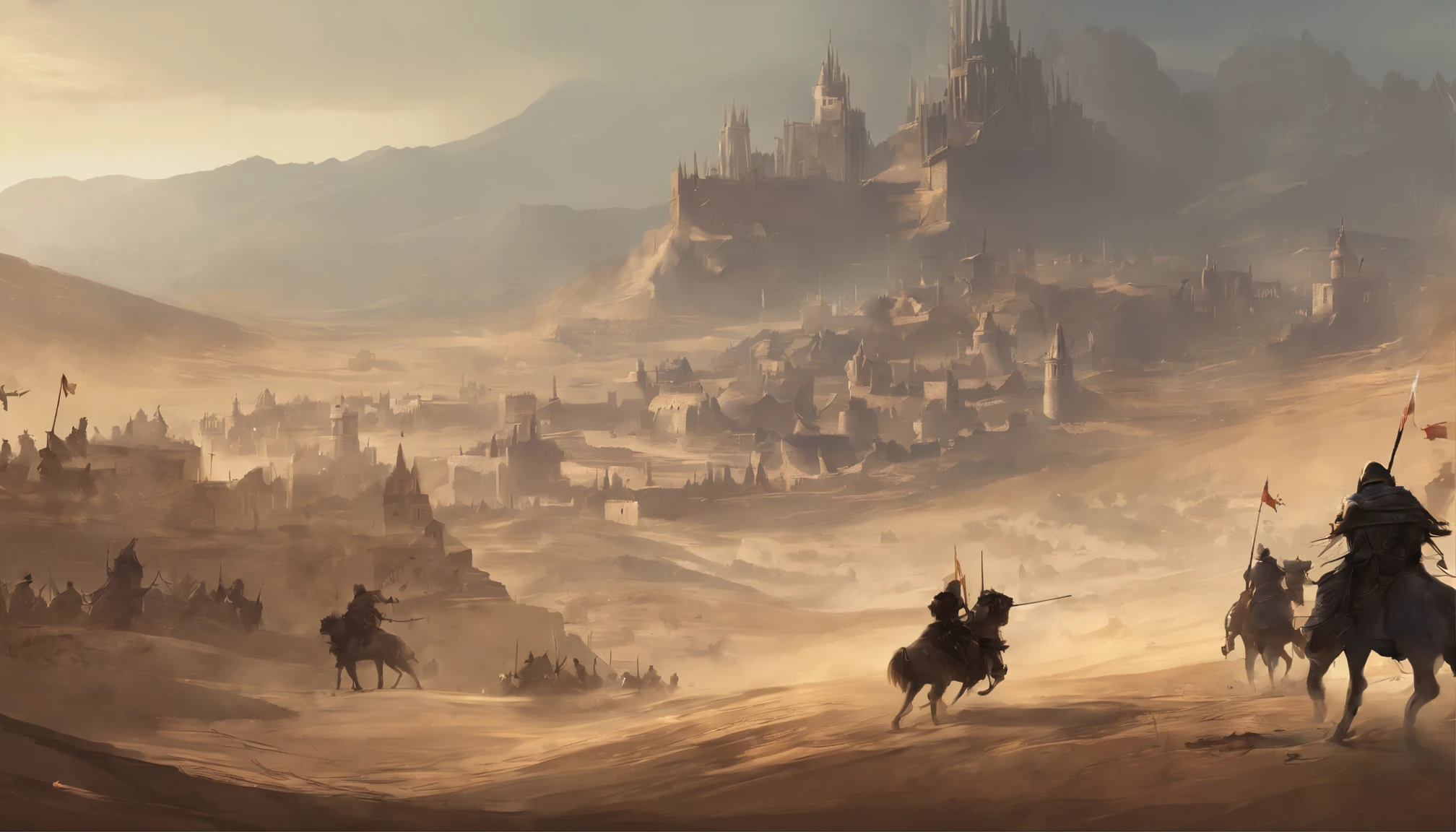 Close-up of medieval war scenes，The fighting was fierce，Spectacular，Background with，on the desert，eventide，Medieval landscape，Fantastical，4K，best qualtiy，primitive，（(Ultra-detailed and high-precision details))，Photo texture，真实感，Delicate and smooth，Light