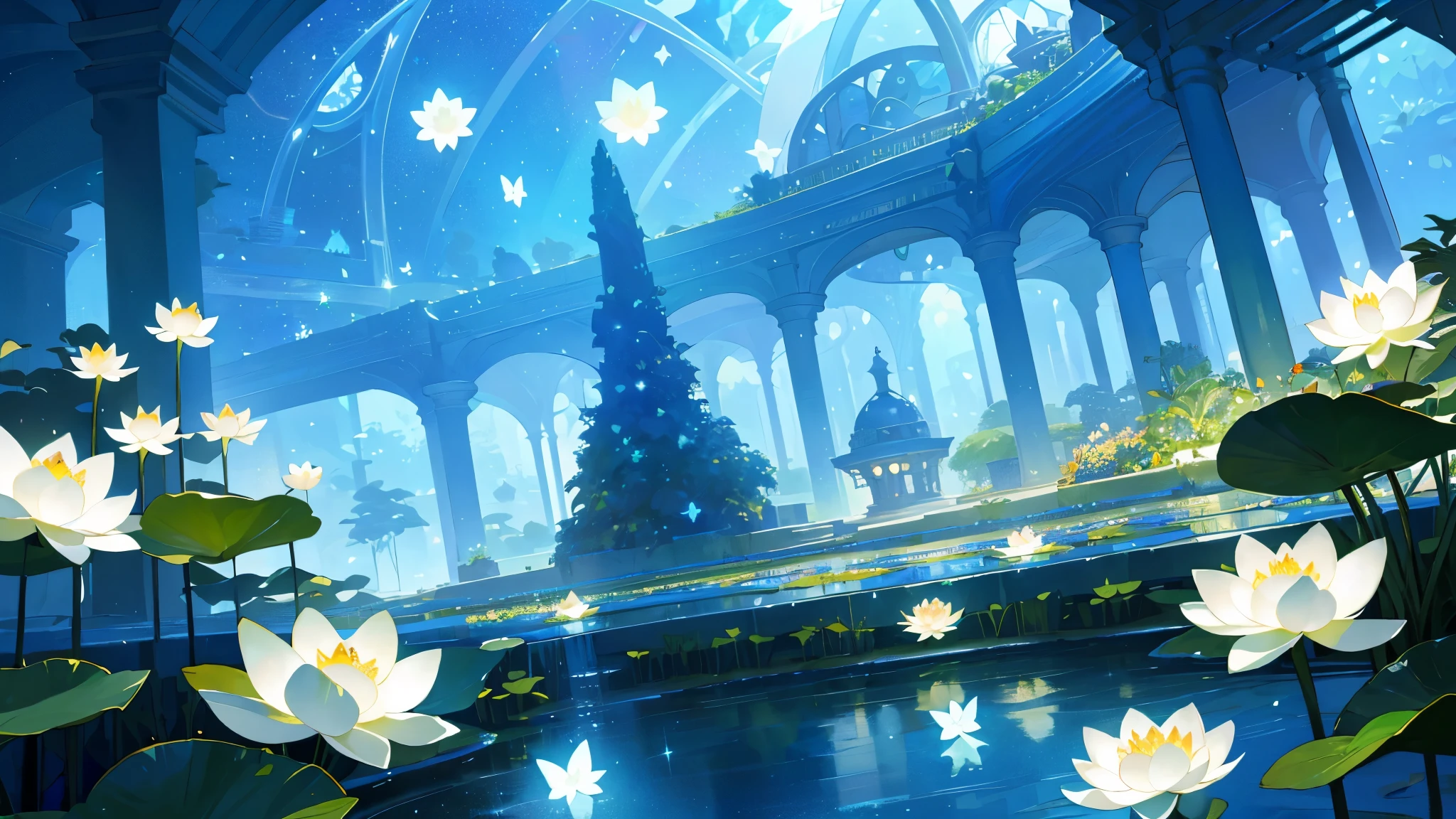 (top quality, masterpiece, ultra-realistic), night, starry skies, magical indoor botanical garden, dome, sparkling bioluminescent river, lots of flowers, lotus, glowing butterflies, background landscape a garden with petals and papas flying around. --v6