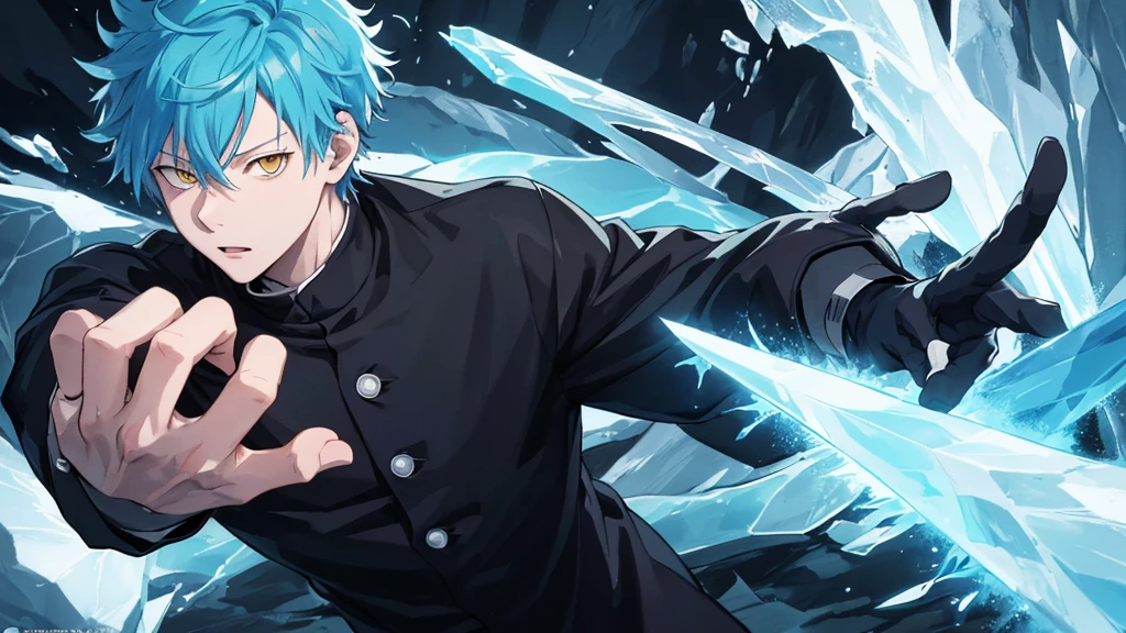 Masterpiece, 4k, 1boy, anime style, jujutsu kaisen style, mature, cyan hair, yellow eyes, ice powers, holding a ice blade, pfp photo, focus on face