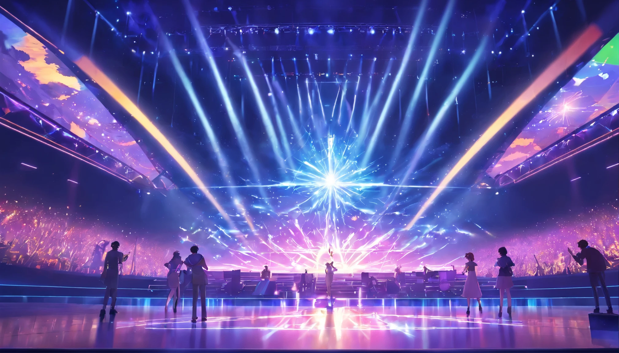 （best quality，4k，8k，high resolution，masterpiece：1.2），Super detailed，（lifelike，Realism，Realism：1.37），Stage lighting illuminates the scene，smoky atmosphere，dark background，glowing spotlighectric atmosphere，concert setting，Pulsating neon lights，gleaming stage floor，strong emotion，Vibrant show with bright colors、soulful atmosphere、sharp focus、laser show、moving stage effect、huge crowdysterious aura、melodic sound waveuturistic visual effects、Stunning stage design、cutting edge technology、lively atmosphere、A modern entertainment experience、Top in the world、Harmonious music and imagery、artistic expression、musical genius、Charming stage presence
