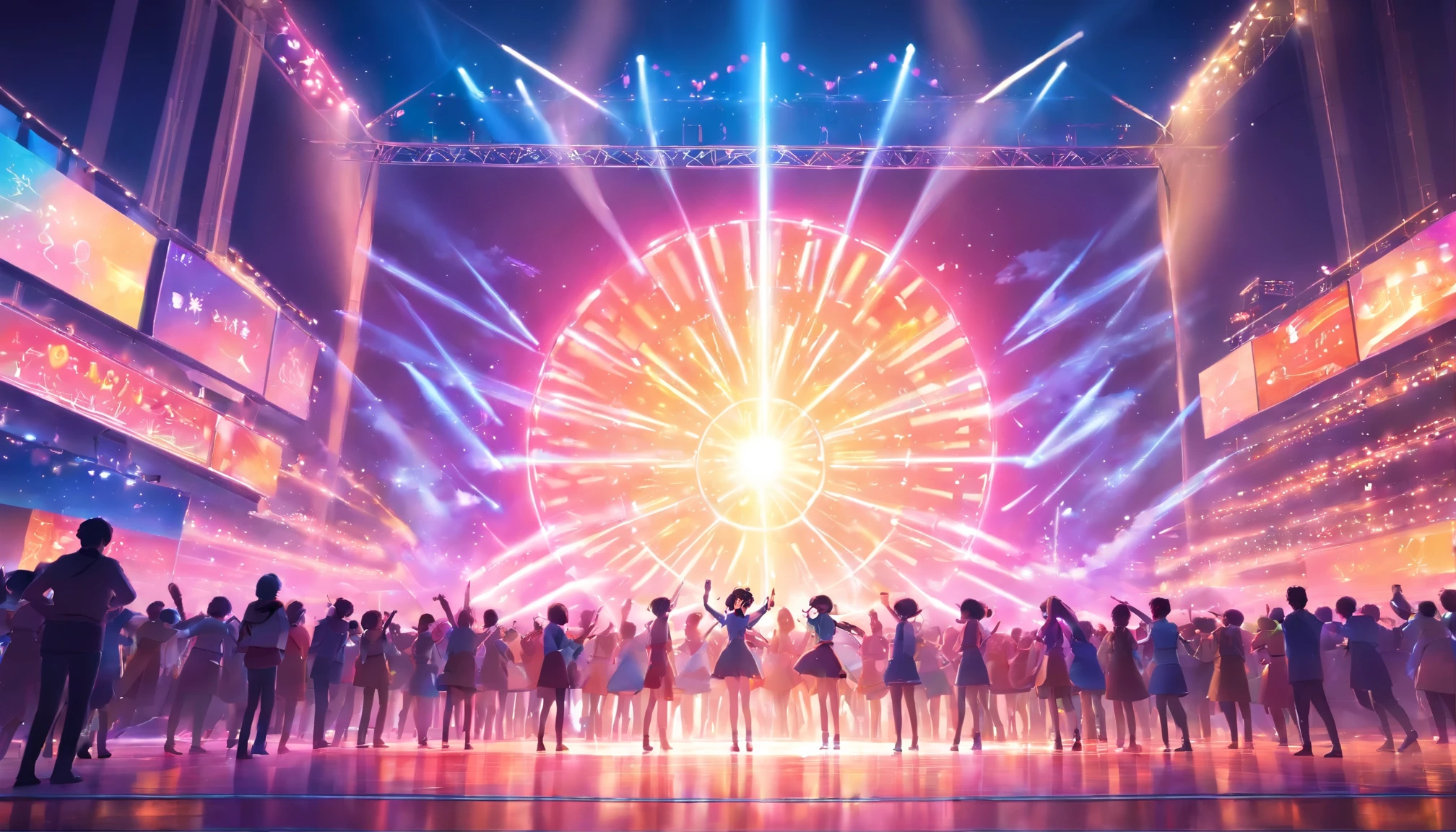 (best quality,4k,8k,high resolution,masterpiece:1.2),Super detailed,(lifelike,Realism,Realism:1.37),Stage lighting illuminates the scene,smoky atmosphere,dark background,glowing spotlighectric atmosphere,concert setting,Pulsating neon lights,gleaming stage floor,strong emotion,Vibrant show with bright colors、soulful atmosphere、sharp focus、laser show、moving stage effect、huge crowdysterious aura、melodic sound waveuturistic visual effects、Stunning stage design、cutting edge technology、lively atmosphere、A modern entertainment experience、Top in the world、Harmonious music and imagery、artistic expression、musical genius、Charming stage presence