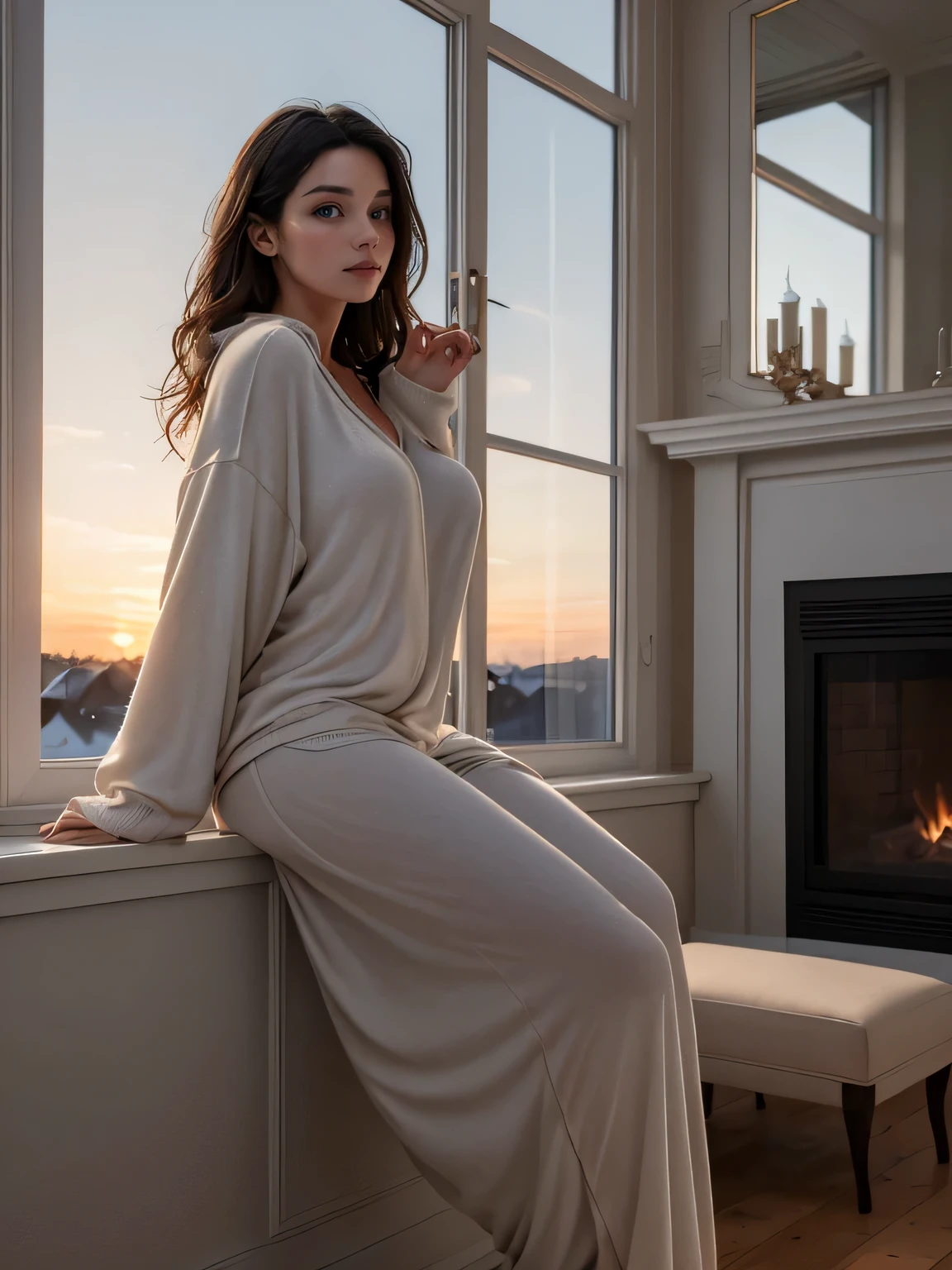 atmospheric perspective, 8k, super detail, accurate, best quality, a woman comes home from outside in the cold and changes into her loungewear, drooping eyes, bag, huge window has a sunset view, fireplace,
