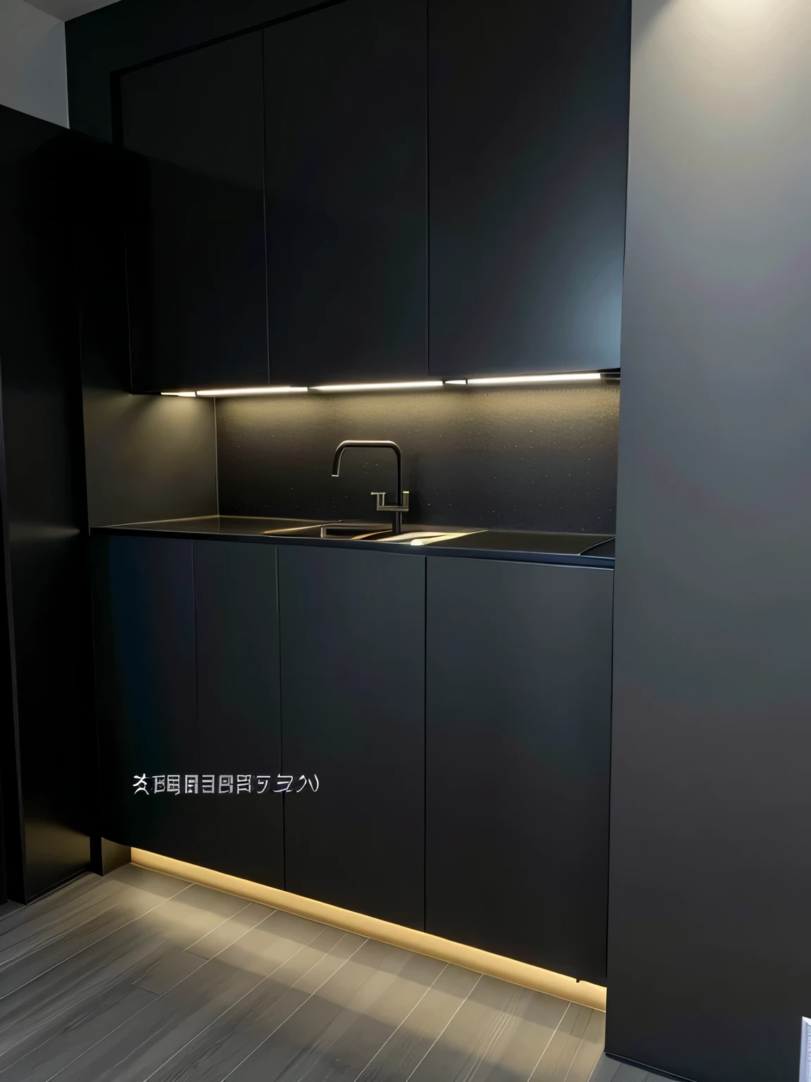 there  a black kitchen with a black counter top and a black cabinet, black show room, dark show room, dark kitchen, 王琛, 8k --height 768, modern minimalist f 2 0 clean, dark kitchen of an art student, apartment with black walls, cabinet furniture, taken in 2 0 2 0, modern minimalist f 2 0