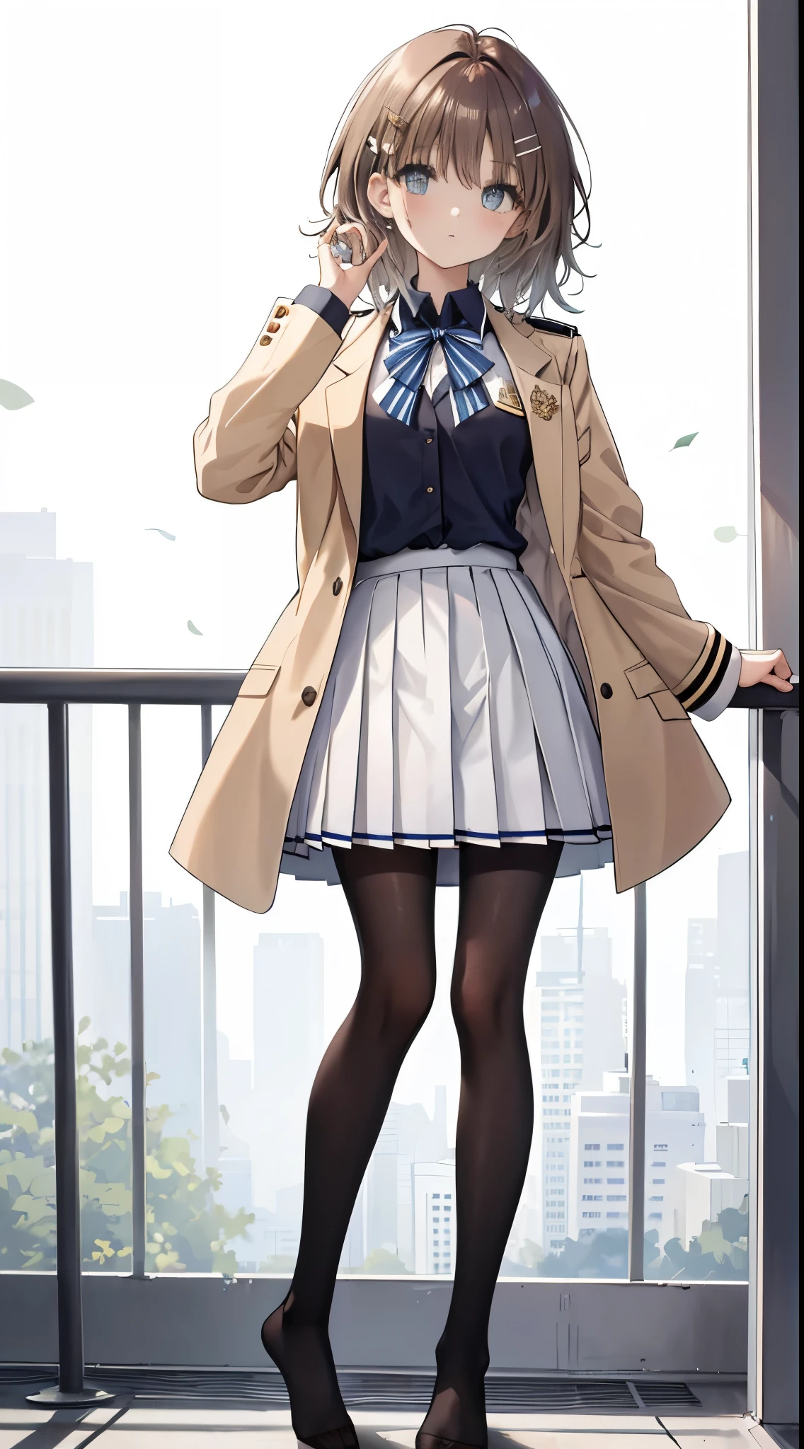 finest, masterpiece, High resolution, (full body), front, symmetrical, Mature tall high school girl, alone, (full body from head to toe), small breasts, long hair, slightly messy hair, (black tight track pantyhose), black pantyhose, composition showing white panties, slender beautiful legs, A very beautiful and tall 17 year old girl, ((not wearing shoes)) , shy big eyes, (short (brown hair)), (bangs), messy hair, (hair clip), looking at camera, showing white panties, white ruffle lingerie, high school uniform blazer, high school uniform white blouse, High school uniform with blue ribbon, high school uniform with short plaid pattern and navy pleated skirt
