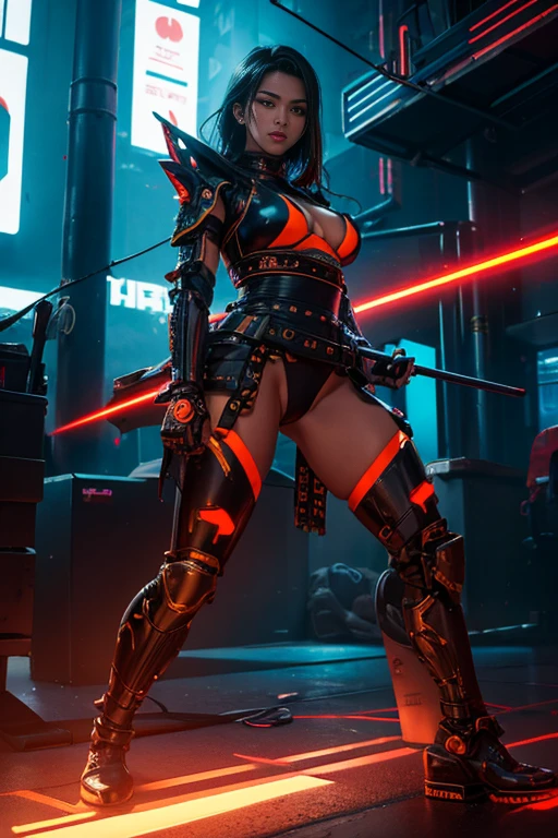 Showing ass to camera, very beautiful Alluring Cyberpunk Samurai, pele nua, Well-toned athletic body, forma elegante, cabelo laranja, pele nua, Fora no Neon Palace, mal vestido, very beautiful Face, Smaurai-inspired bikini armor, seios grandes, mechanical members, Robotic parts on display, pele cromada, shiny neon pieces, japanese theme, tema cyberpunk, fiverr dnd personagem, Octane rendering, arte digital, Detalhe extremo, 4k, Ultra HD |, polido, very beautiful, hiperdetalhado, intrincado, elaborar, meticuloso, foto realista, sharp focus, WLOP, design de personagens, Motor irreal, Volumetric lighting, reflections, glossy, digital illustration, lascivo, nu, Visible, detailed perfect hands